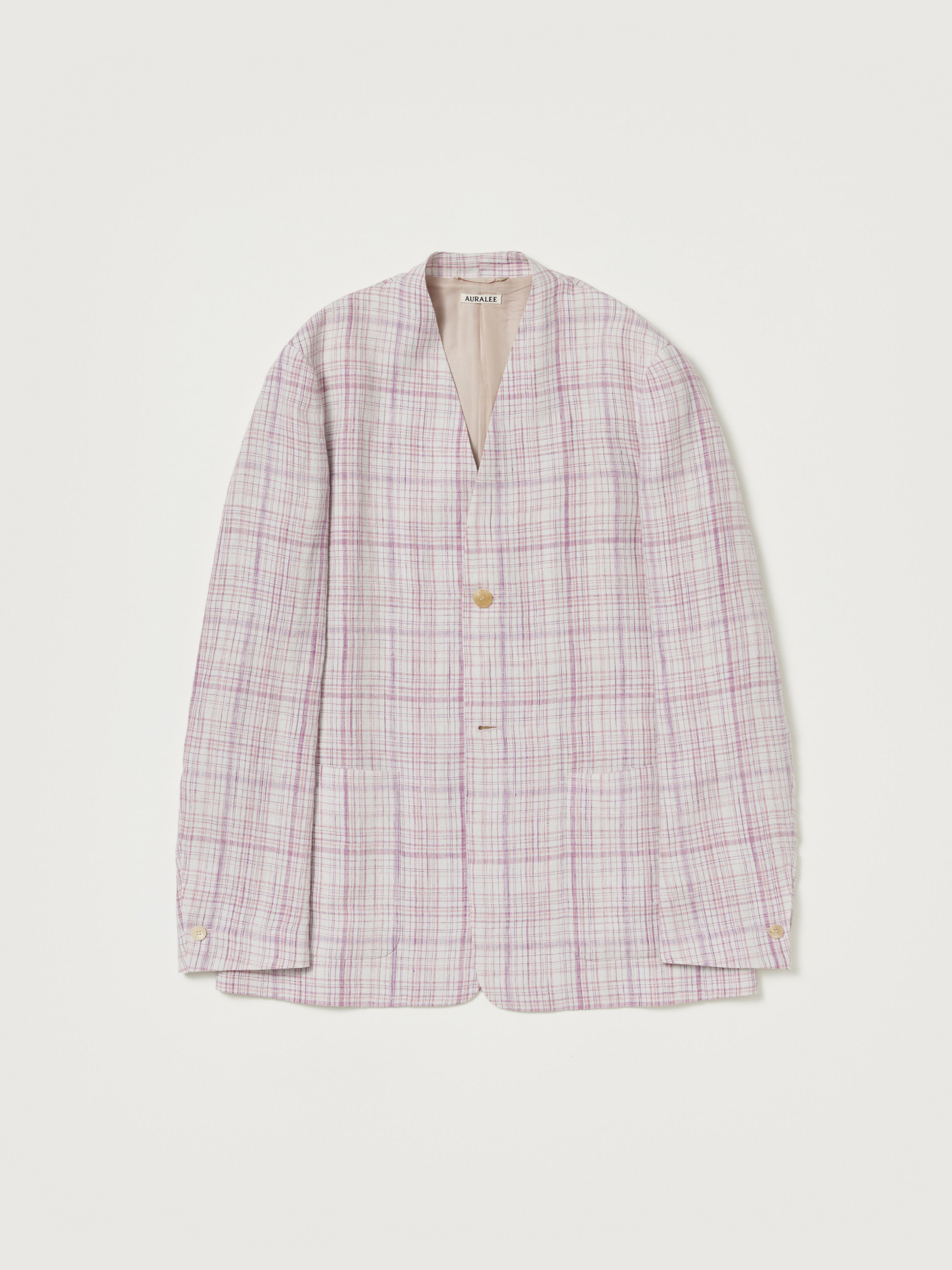 LINEN SILK CHECK NO COLLAR JACKET 詳細画像 WHITE PURPLE CHECK 4