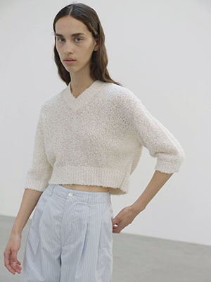 LINEN COTTON MOLE KNIT V-NECK SHORT P/O