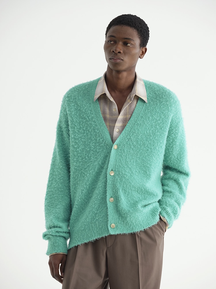 BRUSHED WOOL CASHMERE SILK KNIT CARDIGAN