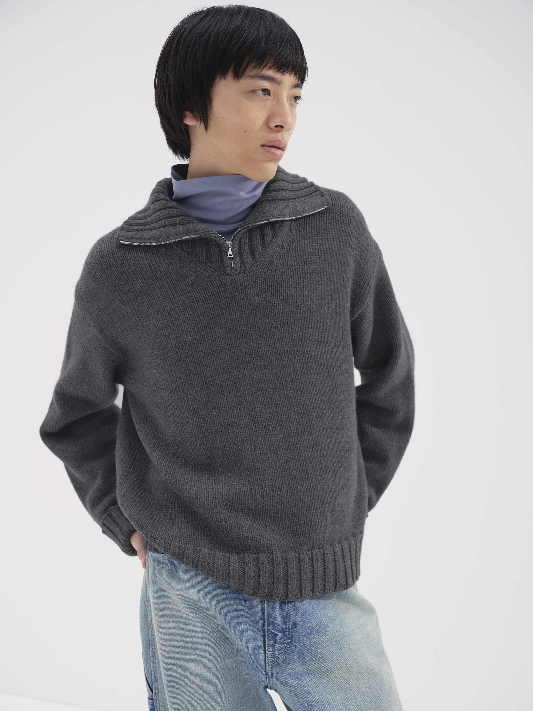 WOOL SOFT CORD KNIT HALF ZIP P/O 詳細画像 TOP CHARCOAL 1