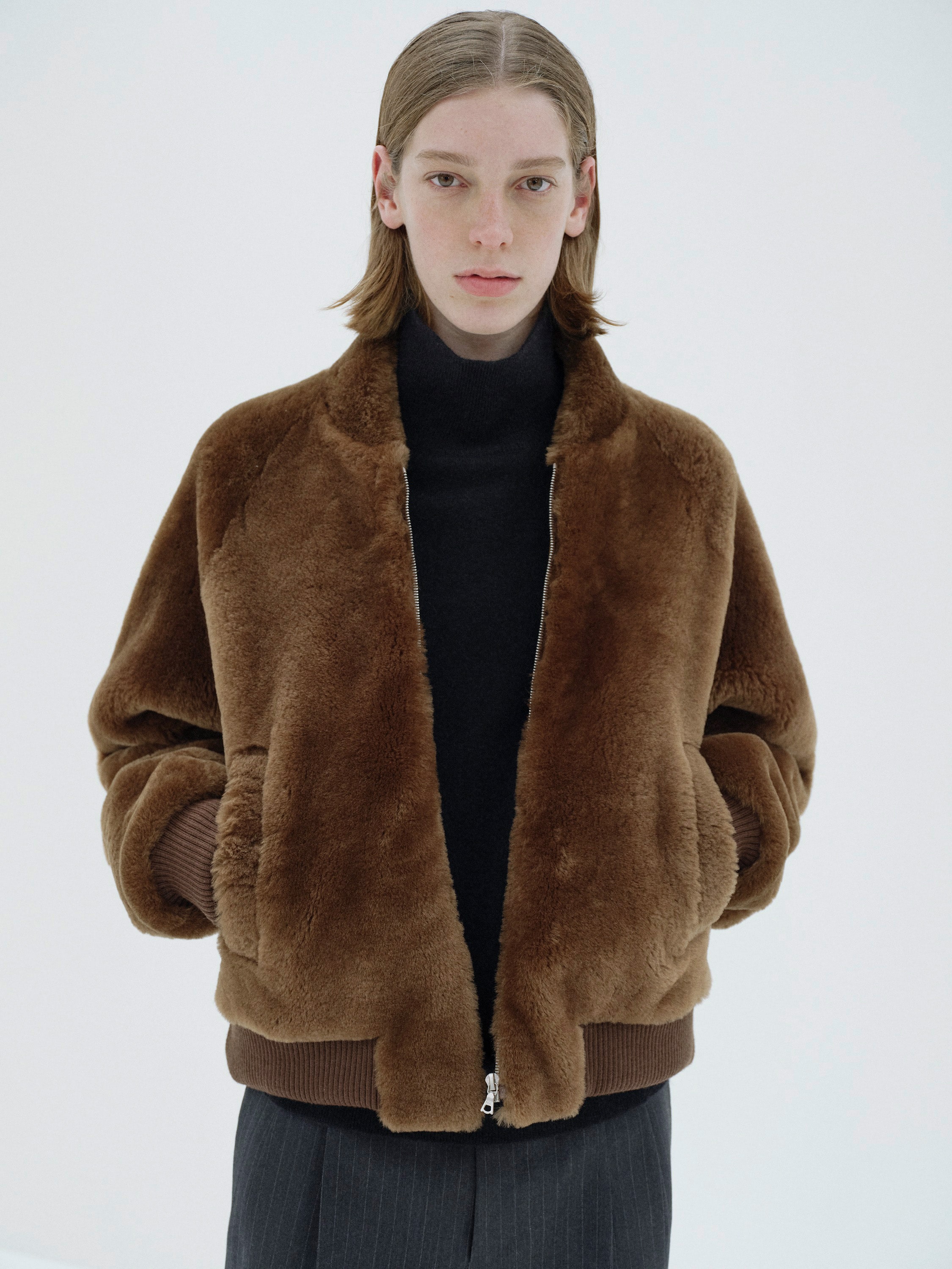 STRAIGHT MERINO MOUTON FUR ZIP BLOUSON 詳細画像 BROWN 2
