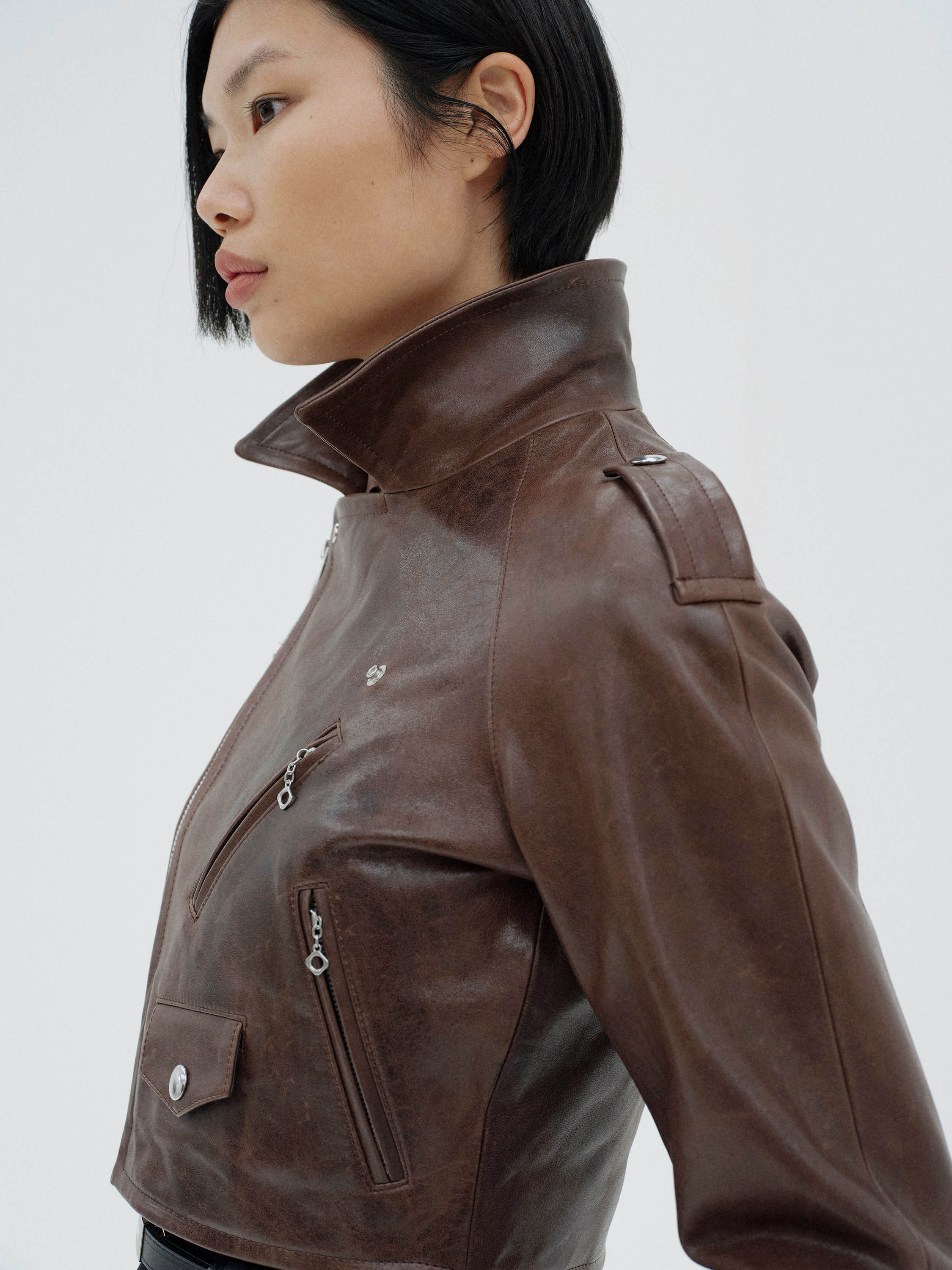HEAVY LAMB LEATHER CROPPED RIDERS JACKET 詳細画像 DARK BROWN 3