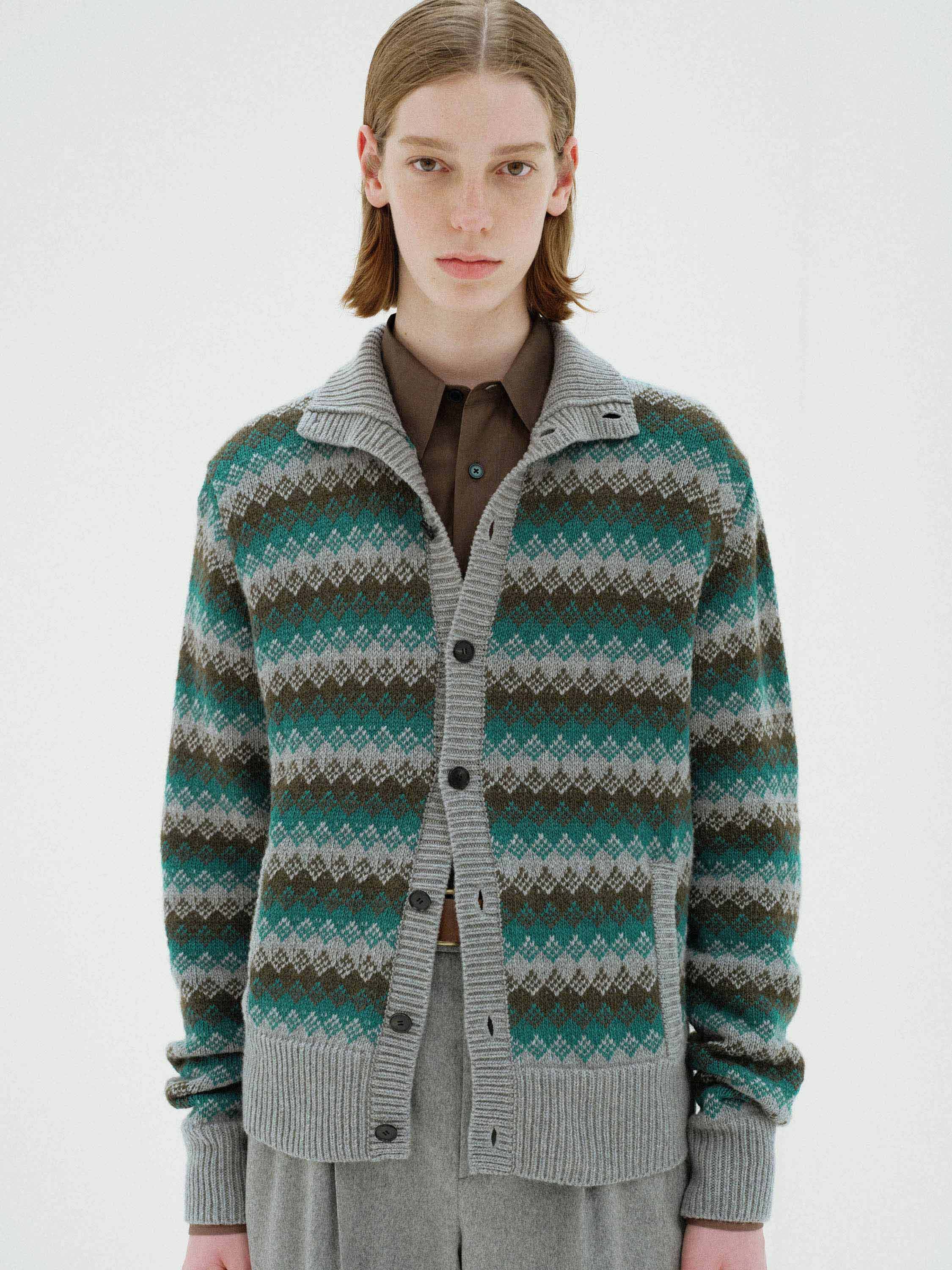 CASHMERE JACQUARD KNIT HIGH-NECK CARDIGAN - AURALEE Official