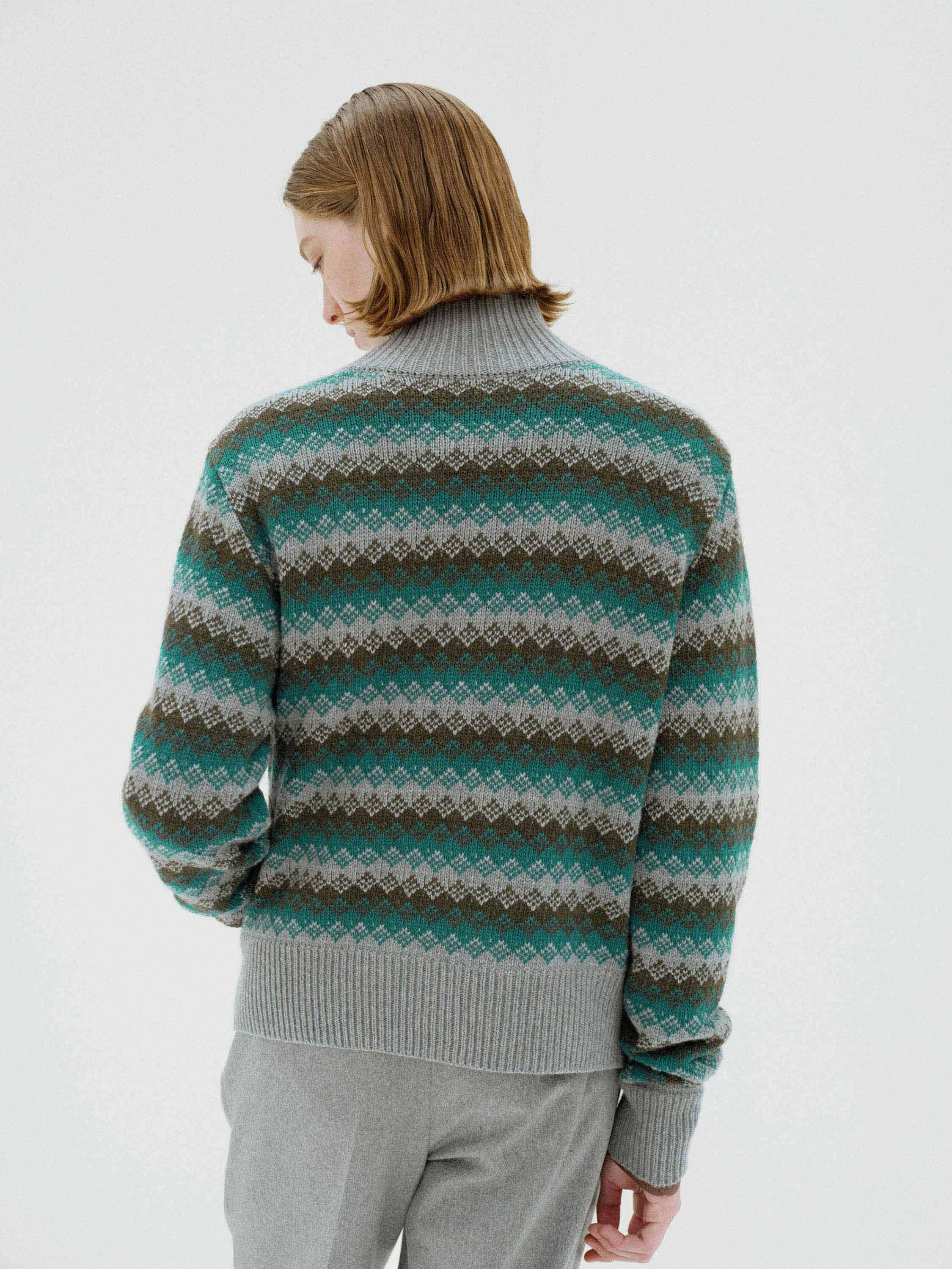 CASHMERE JACQUARD KNIT HIGH-NECK CARDIGAN 詳細画像 GRAY GREEN 5