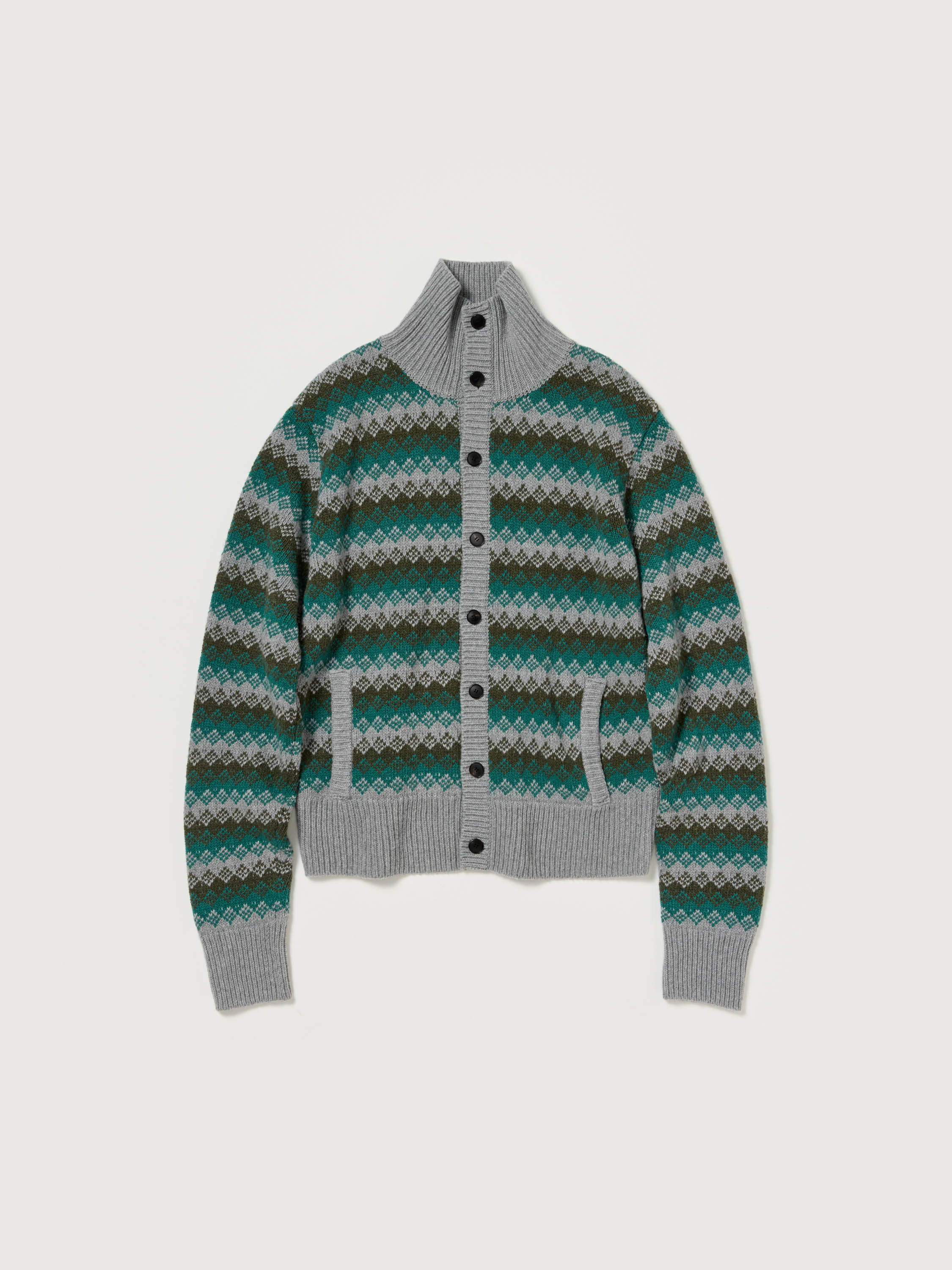 CASHMERE JACQUARD KNIT HIGH-NECK CARDIGAN 詳細画像 GRAY GREEN 6