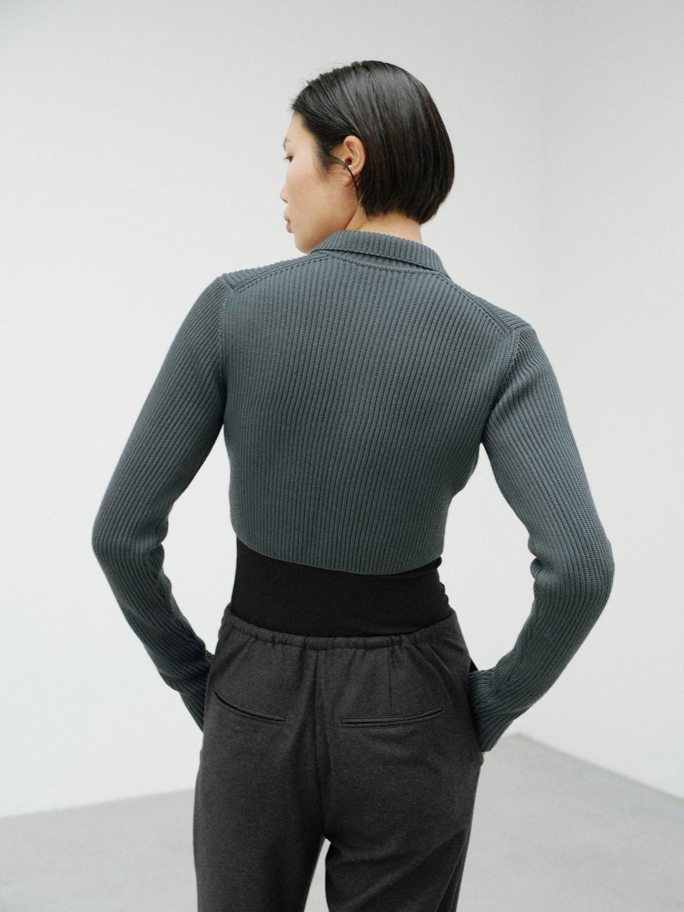 SUPER FINE WOOL SOFT RIB KNIT CROPPED SHIRT CARDIGAN 詳細画像 GRAY 4