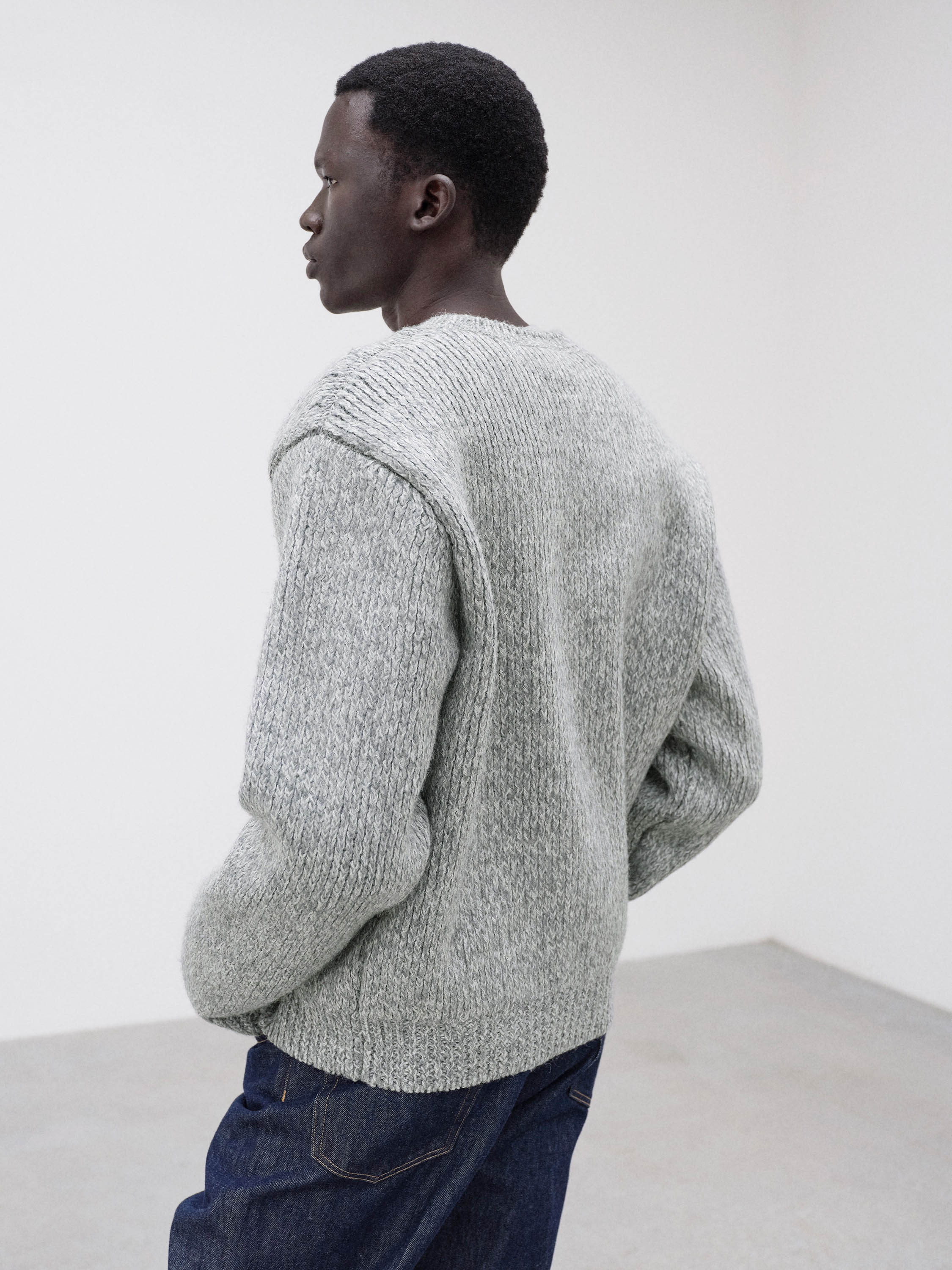 DOUBLE-FACED WOOL ALPACA LOW GAUGE KNIT CREW-NECK CARDIGAN 詳細画像 LIGHT GRAY 2