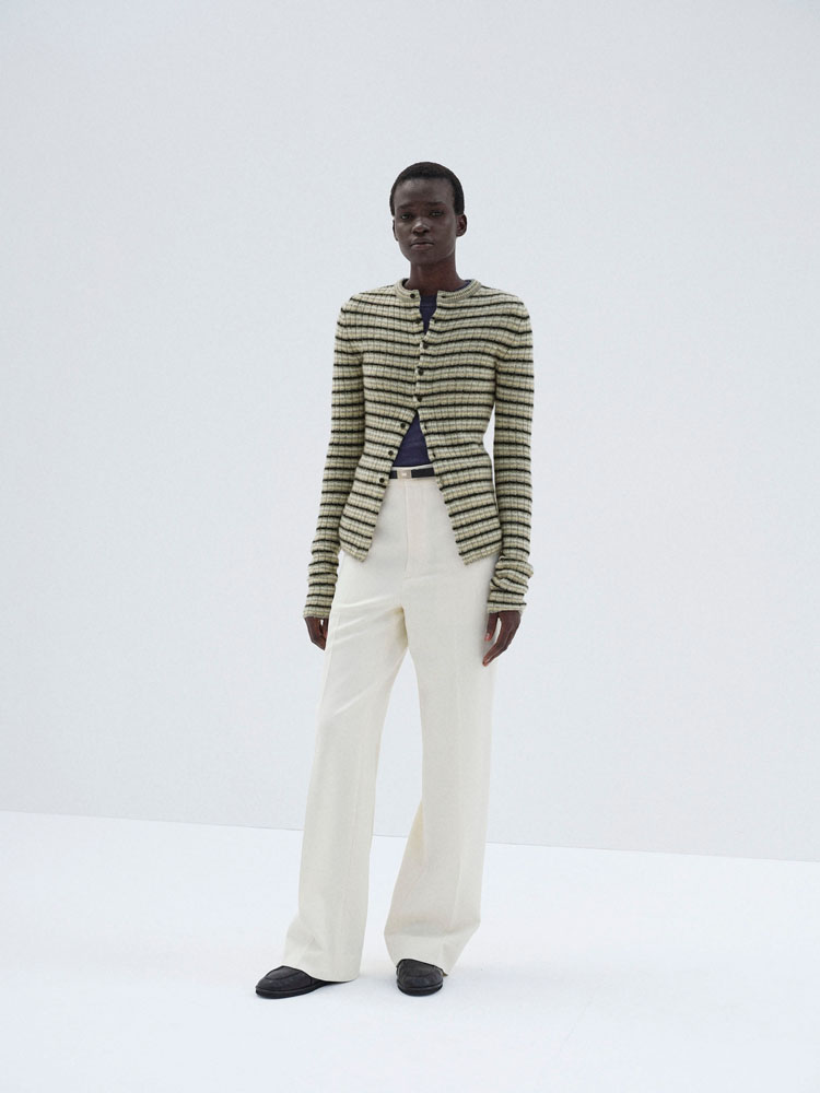 SHETLAND WOOL CASHMERE RIB KNIT CREW-NECK CARDIGAN
