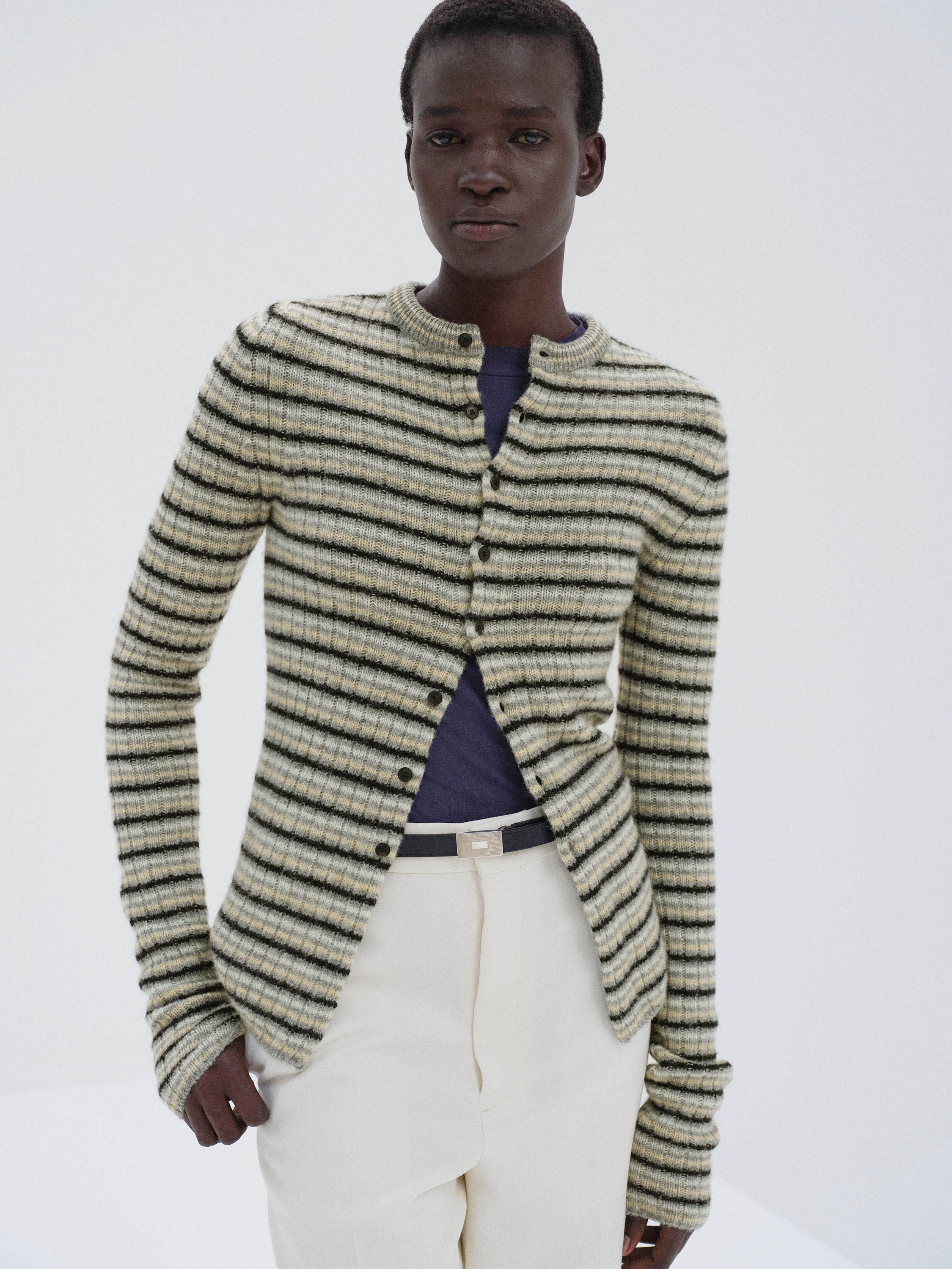 SHETLAND WOOL CASHMERE RIB KNIT CREW-NECK CARDIGAN 詳細画像 GRAY STRIPE 3