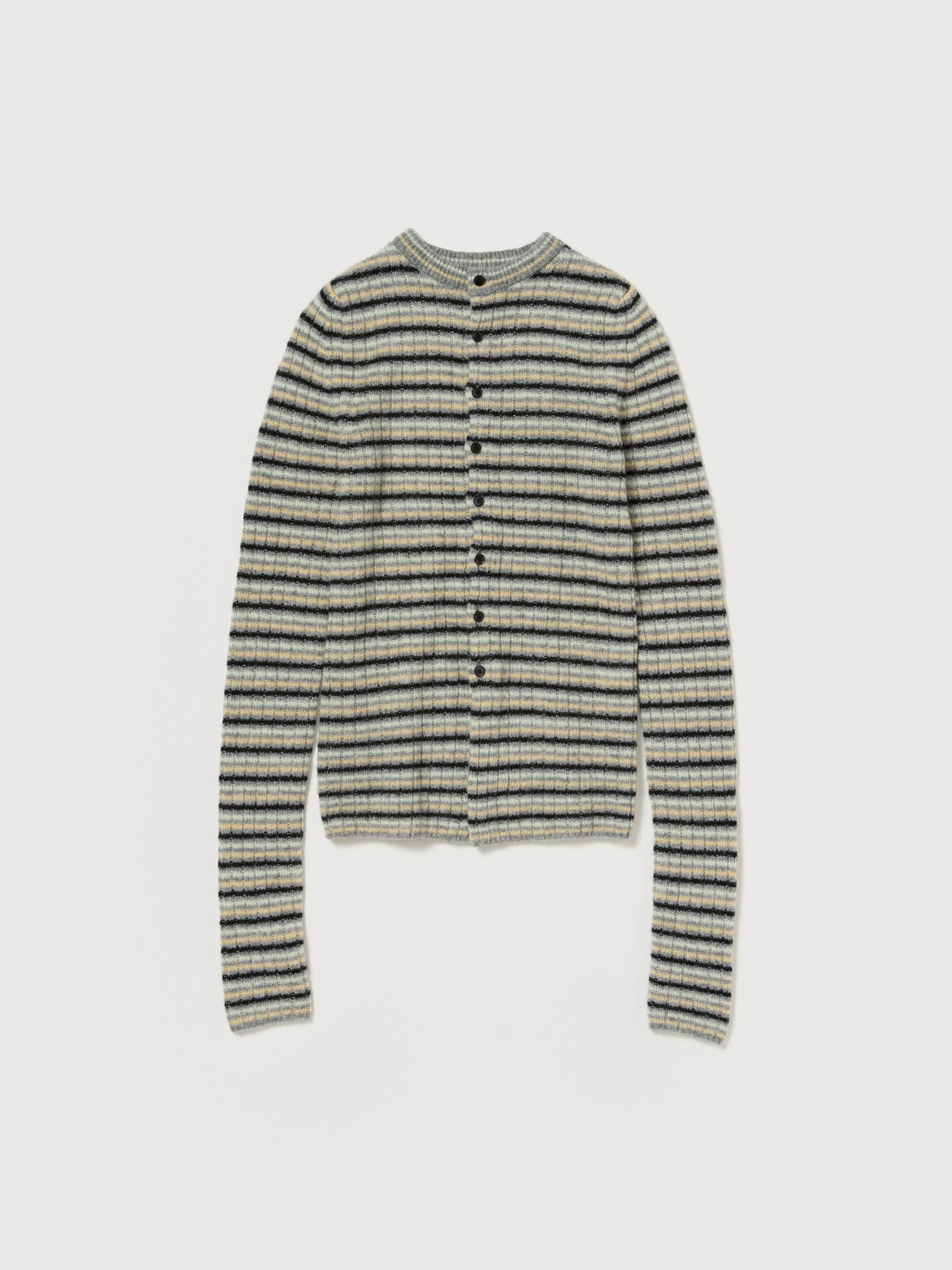 SHETLAND WOOL CASHMERE RIB KNIT CREW-NECK CARDIGAN 詳細画像 GRAY STRIPE 5