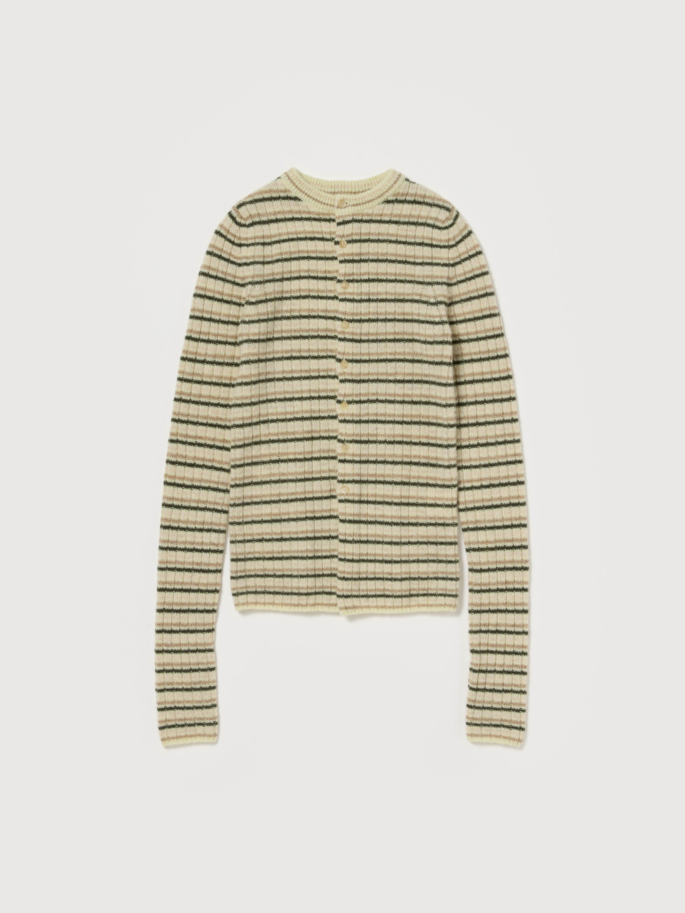 SHETLAND WOOL CASHMERE RIB KNIT CREW-NECK CARDIGAN 詳細画像 BEIGE STRIPE 1