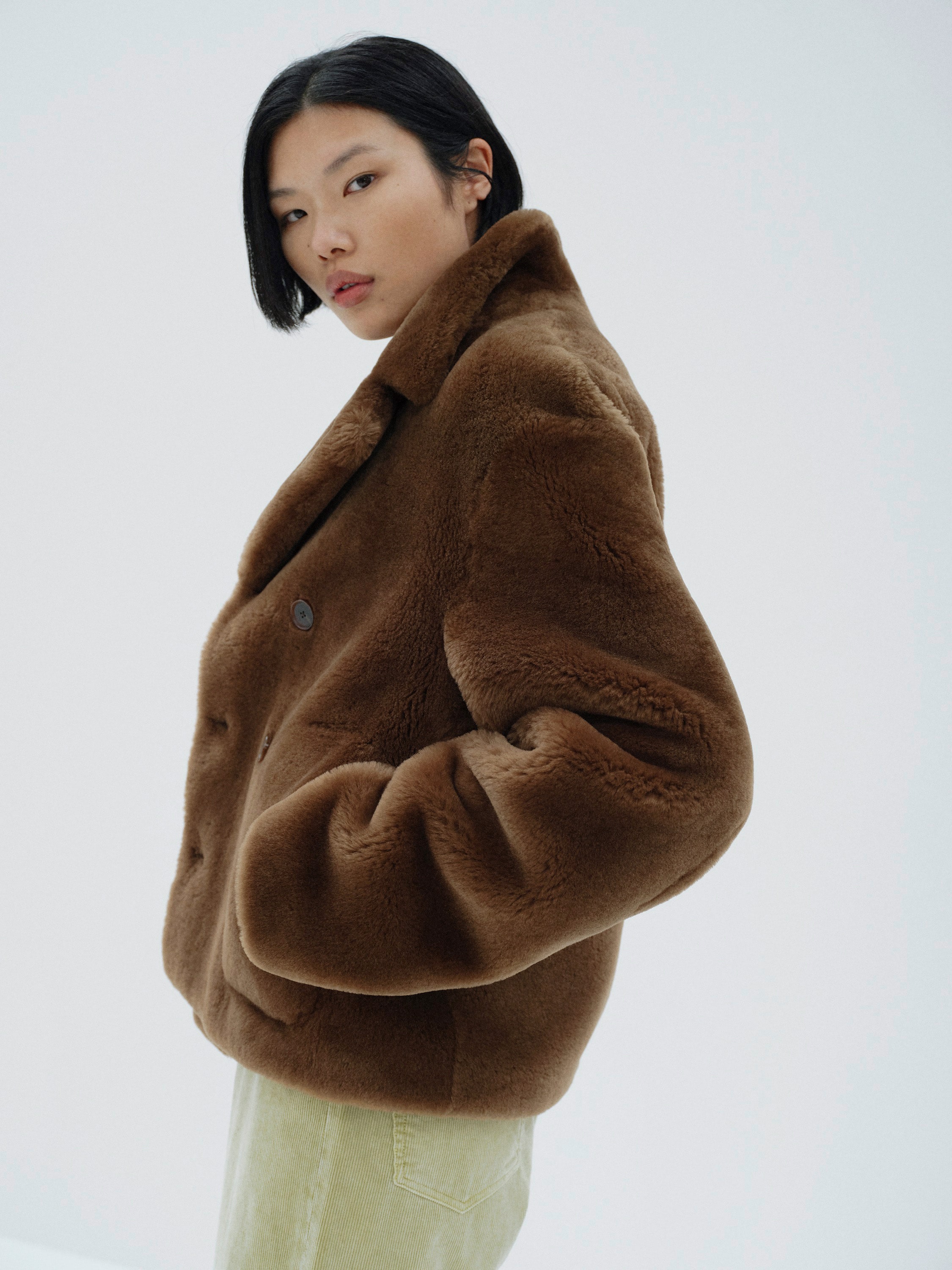 STRAIGHT MERINO MOUTON FUR P-COAT 詳細画像 BROWN 3