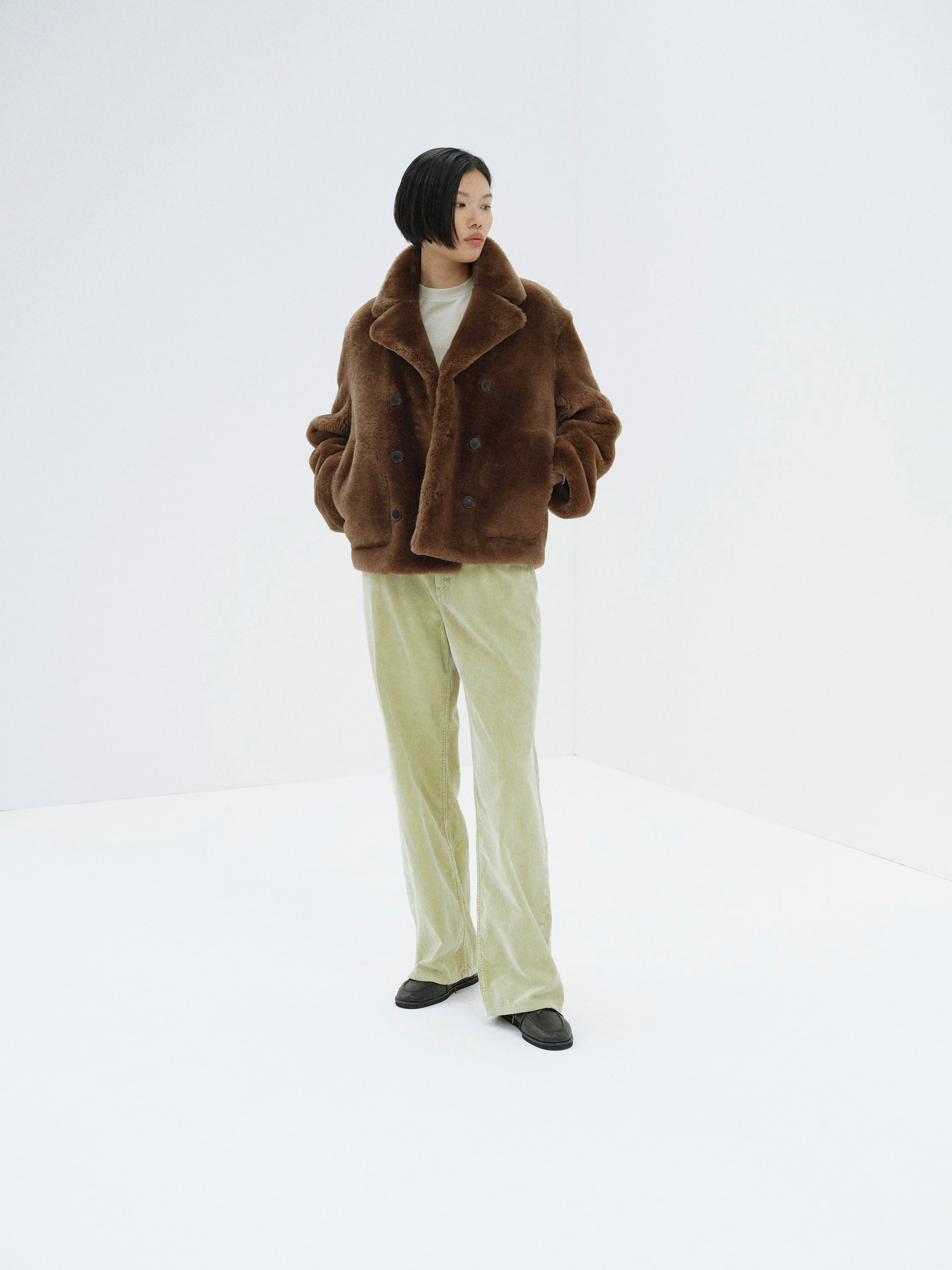 STRAIGHT MERINO MOUTON FUR P-COAT 詳細画像 BROWN 4