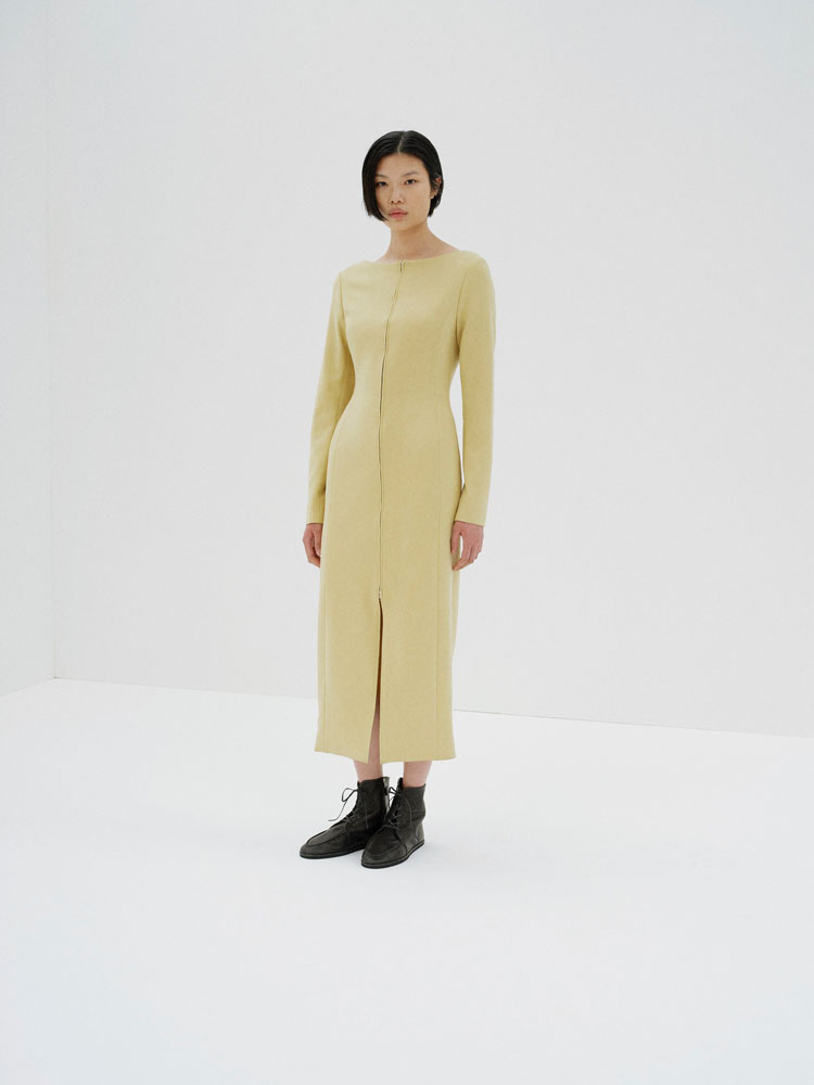TENSE WOOL DOUBLE CLOTH FRONT-ZIP DRESS