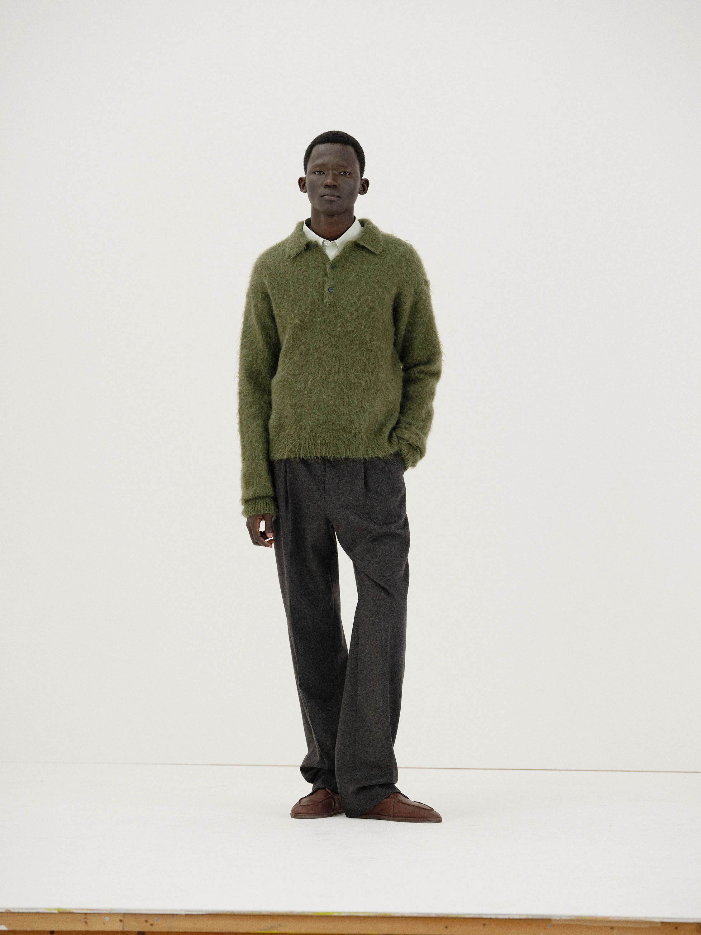 BRUSHED SUPER KID MOHAIR KNIT POLO 詳細画像 OLIVE 1