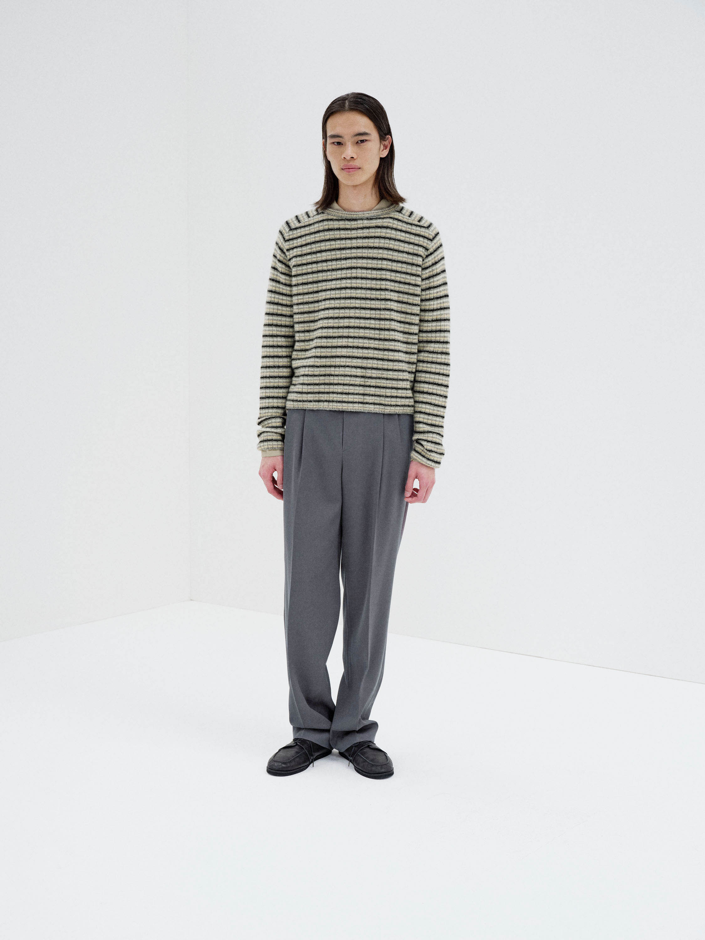 SHETLAND WOOL CASHMERE RIB KNIT P/O 詳細画像 GRAY STRIPE 1