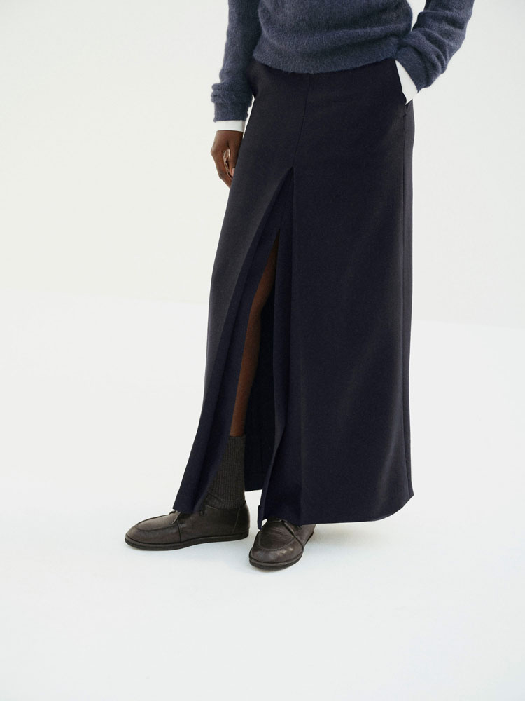 TENSE WOOL DOUBLE CLOTH SLIT SKIRT