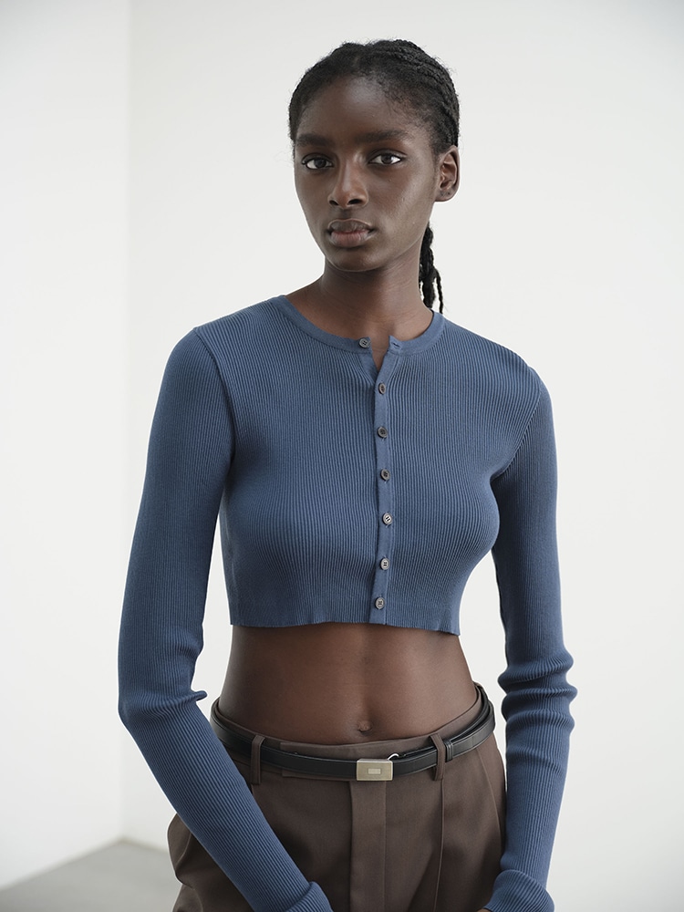 COTTON HIGH GAUGE RIB KNIT CROPPED CREW NECK CARDIGAN COTTON HIGH GAUGE RIB KNIT CROPPED CREW NECK CARDIGAN