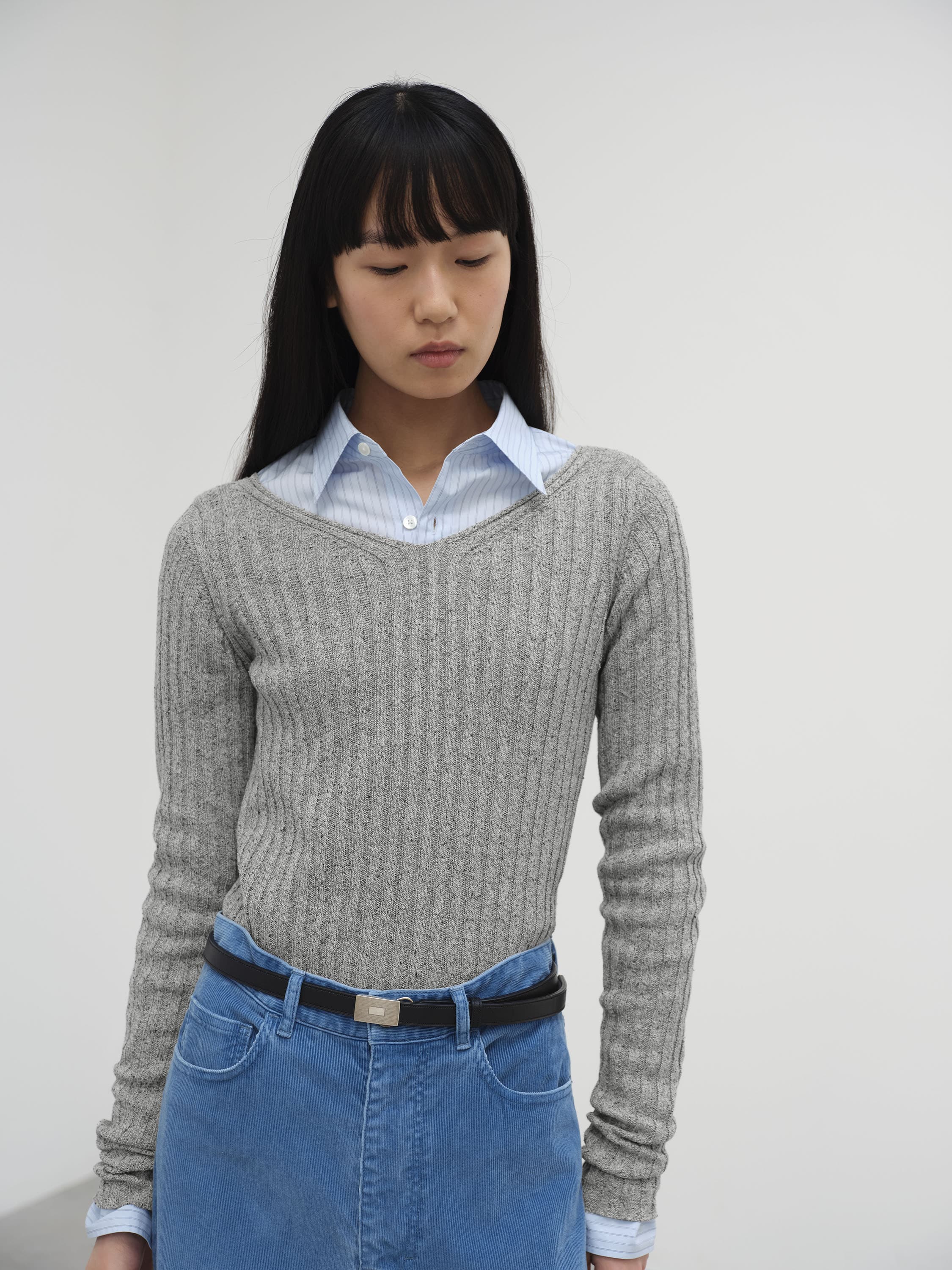 SILK COTTON MELANGE RIB KNIT V-NECK P/O 詳細画像 TOP GRAY 2