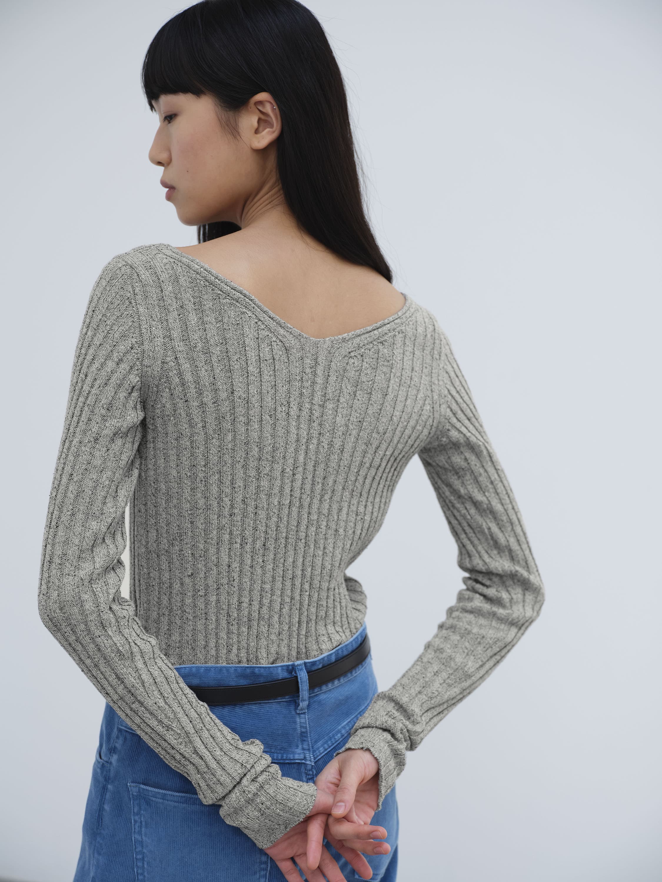 SILK COTTON MELANGE RIB KNIT V-NECK P/O 詳細画像 TOP GRAY 5