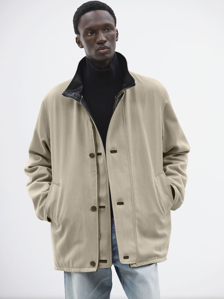 REVERSIBLE WOOL TWISTED TWILL / SHEEP LEATHER HALF COAT - AURALEE