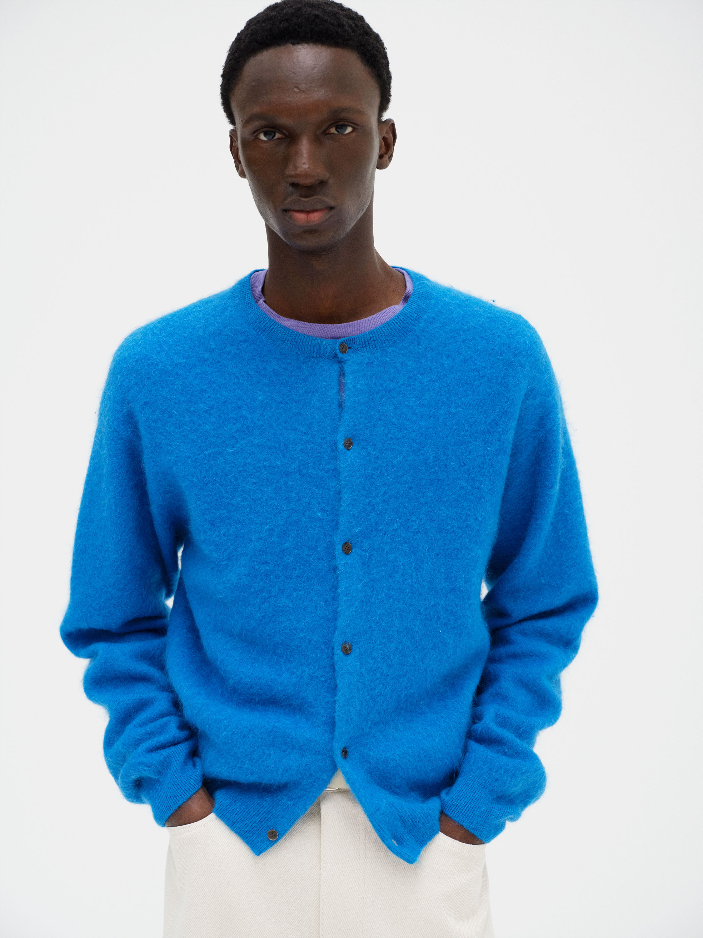 GARMENT-DYED BABY ALPACA FUR KNIT CREW-NECK CARDIGAN 詳細画像 BLUE 2