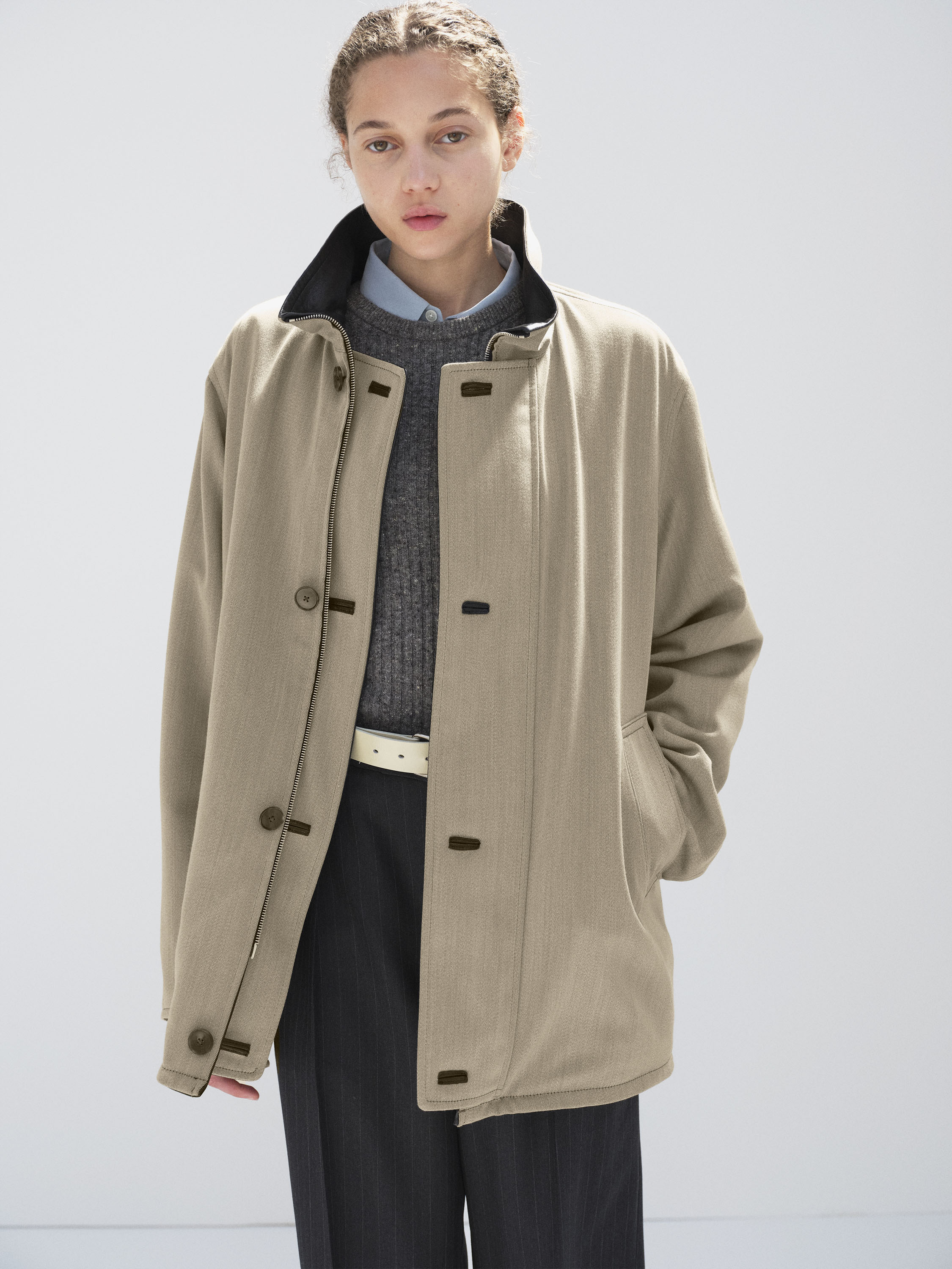 REVERSIBLE WOOL TWISTED TWILL / SHEEP LEATHER HALF COAT 詳細画像 KHAKI BEIGE CHAMBRAY &times; BLACK 1