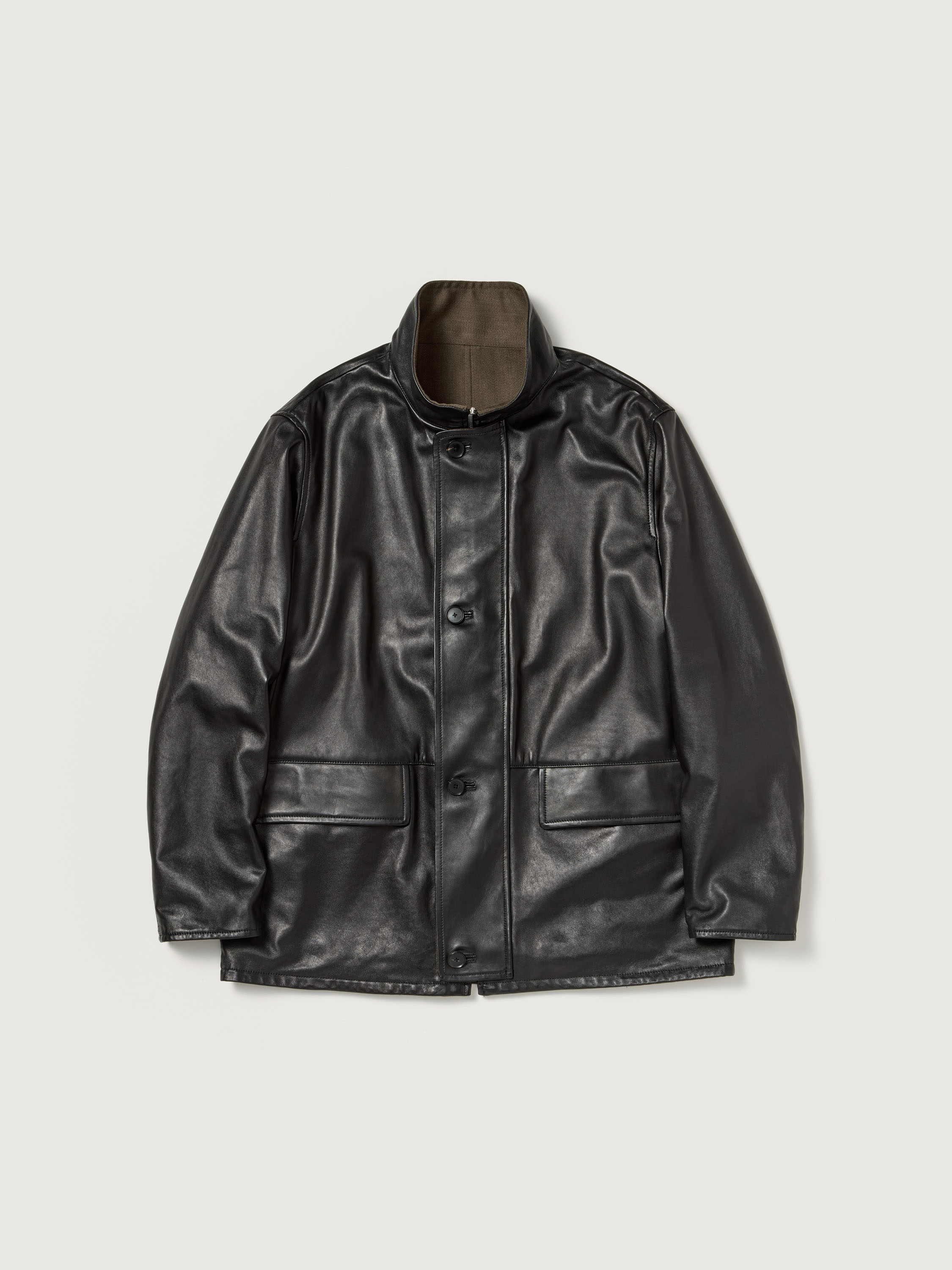 REVERSIBLE WOOL TWISTED TWILL / SHEEP LEATHER HALF COAT 詳細画像 BROWN CHAMBRAY &times; BLACK 2