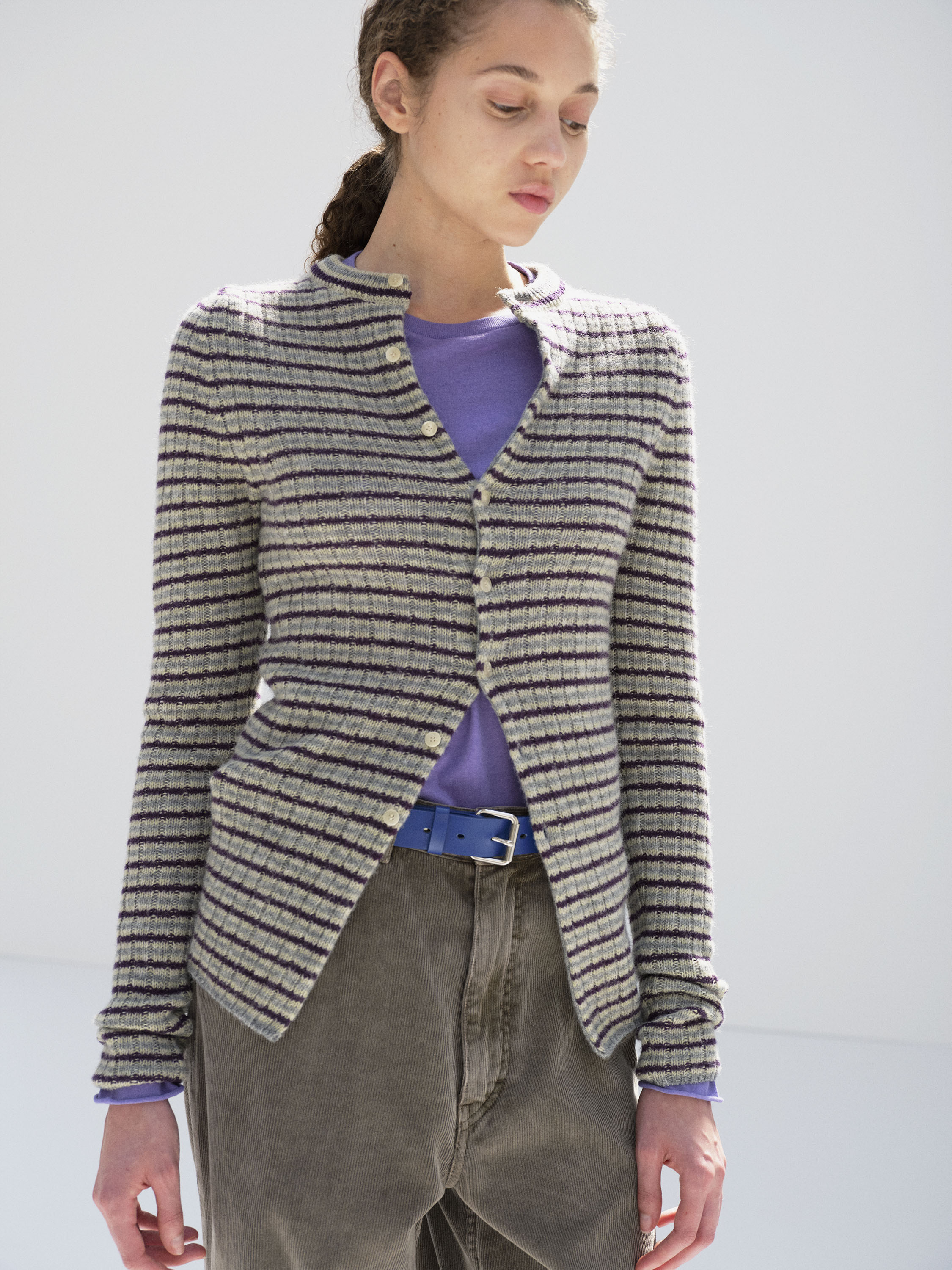 カーディガン AURALEE SHETLAND WOOL CASHMERE CARDIGAN SHETLAND WOOL CASHMERE RIB KNIT CREW-NECK CARDIGAN - AURALEE