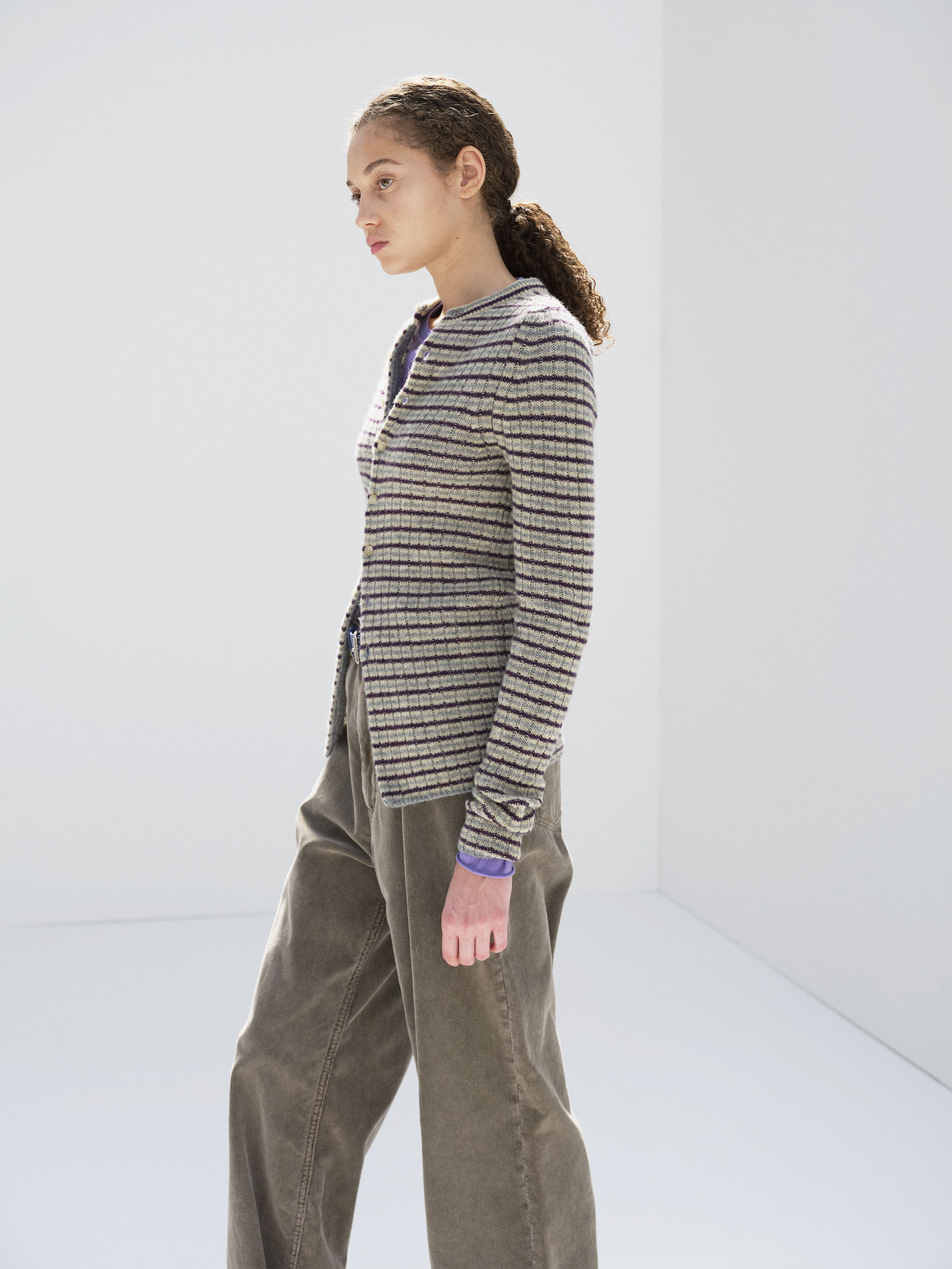 SHETLAND WOOL CASHMERE RIB KNIT CREW-NECK CARDIGAN 詳細画像 LIME PURPLE STRIPE 3