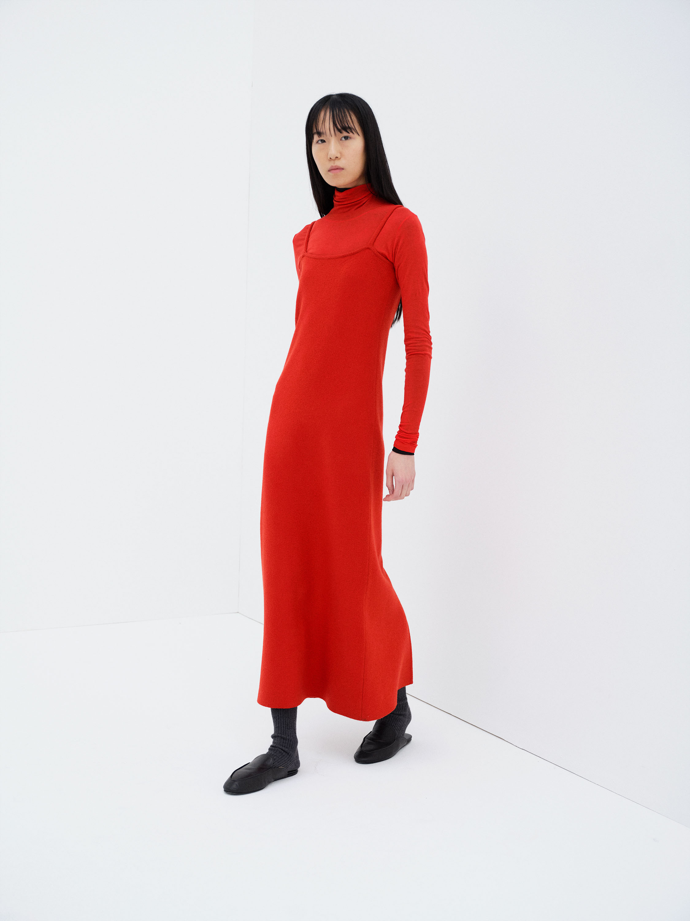 SMOOTH FULLED WOOL KNIT DRESS 詳細画像 RED 1