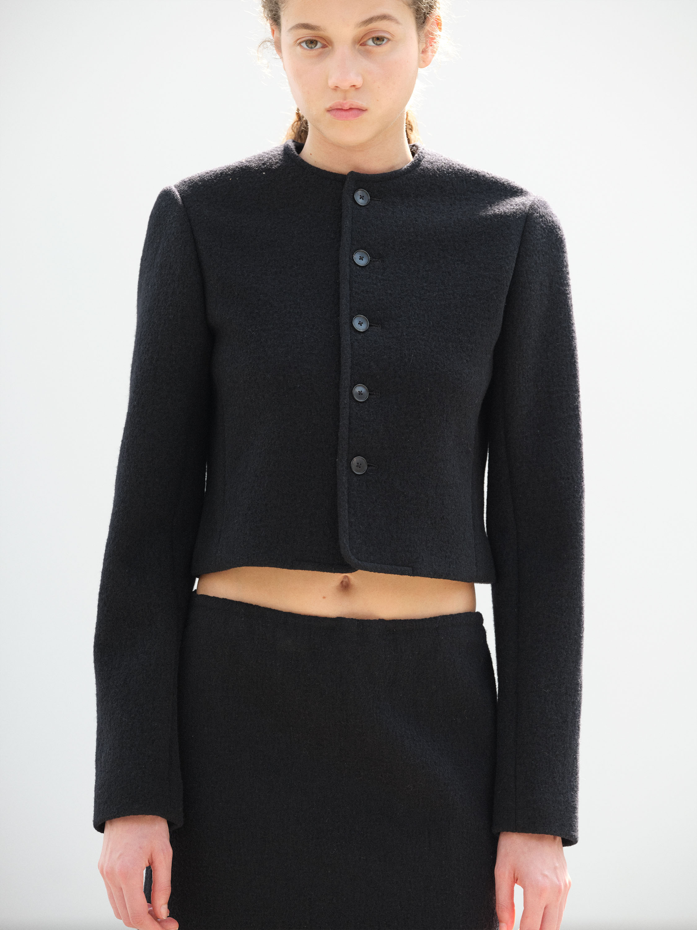 HEAVILY FULLED WOOL COTTON COLLARLESS JACKET 詳細画像 BLACK 1