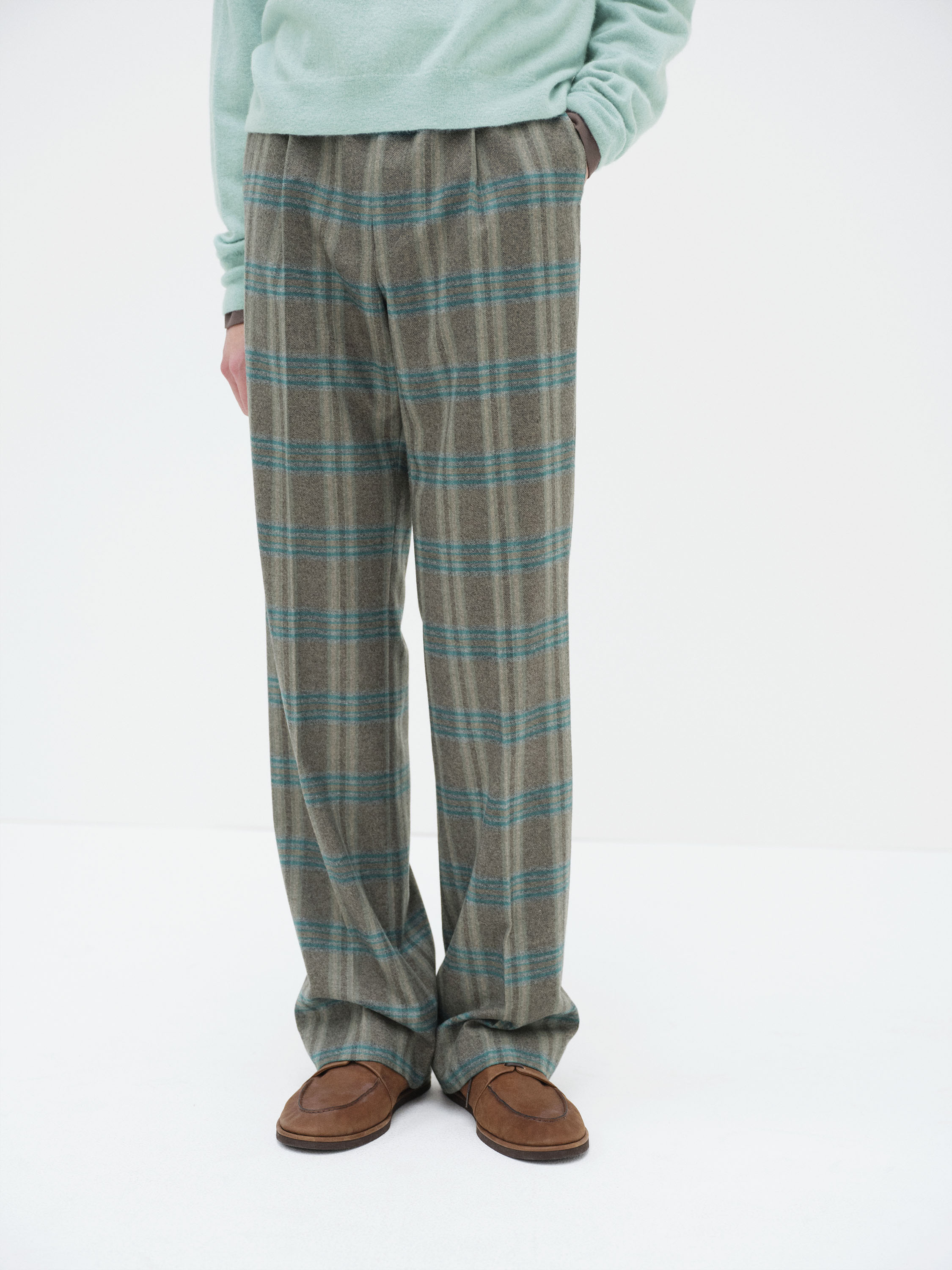 WOOL FULLING FLANNEL ONE-TUCK SLACKS 詳細画像 TOP BROWN GREEN CHECK 1