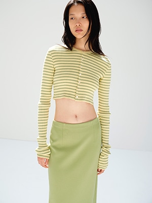 COTTON HIGH GAUGE RIB KNIT CROPPED CREW NECK CARDIGAN