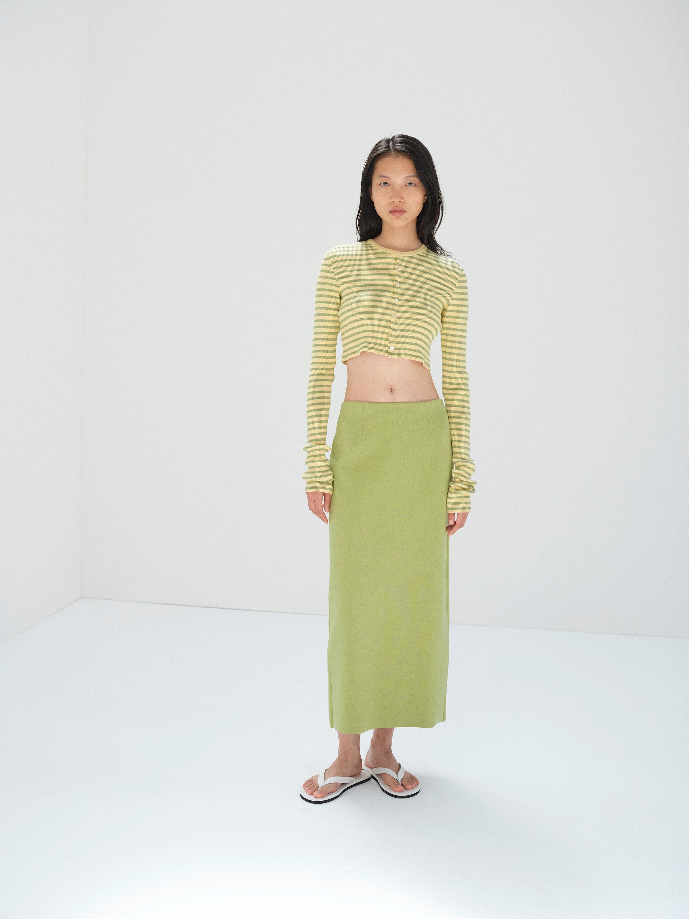 COTTON HIGH GAUGE RIB KNIT CROPPED CREW NECK CARDIGAN 詳細画像 LIGHT BEIGE × PALE GREEN STRIPE 2