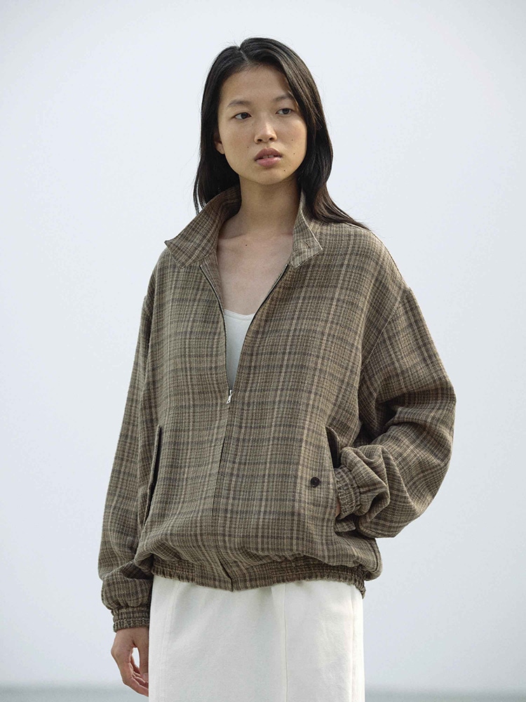 SILK LINEN NEP CHECK ZIP BLOUSON