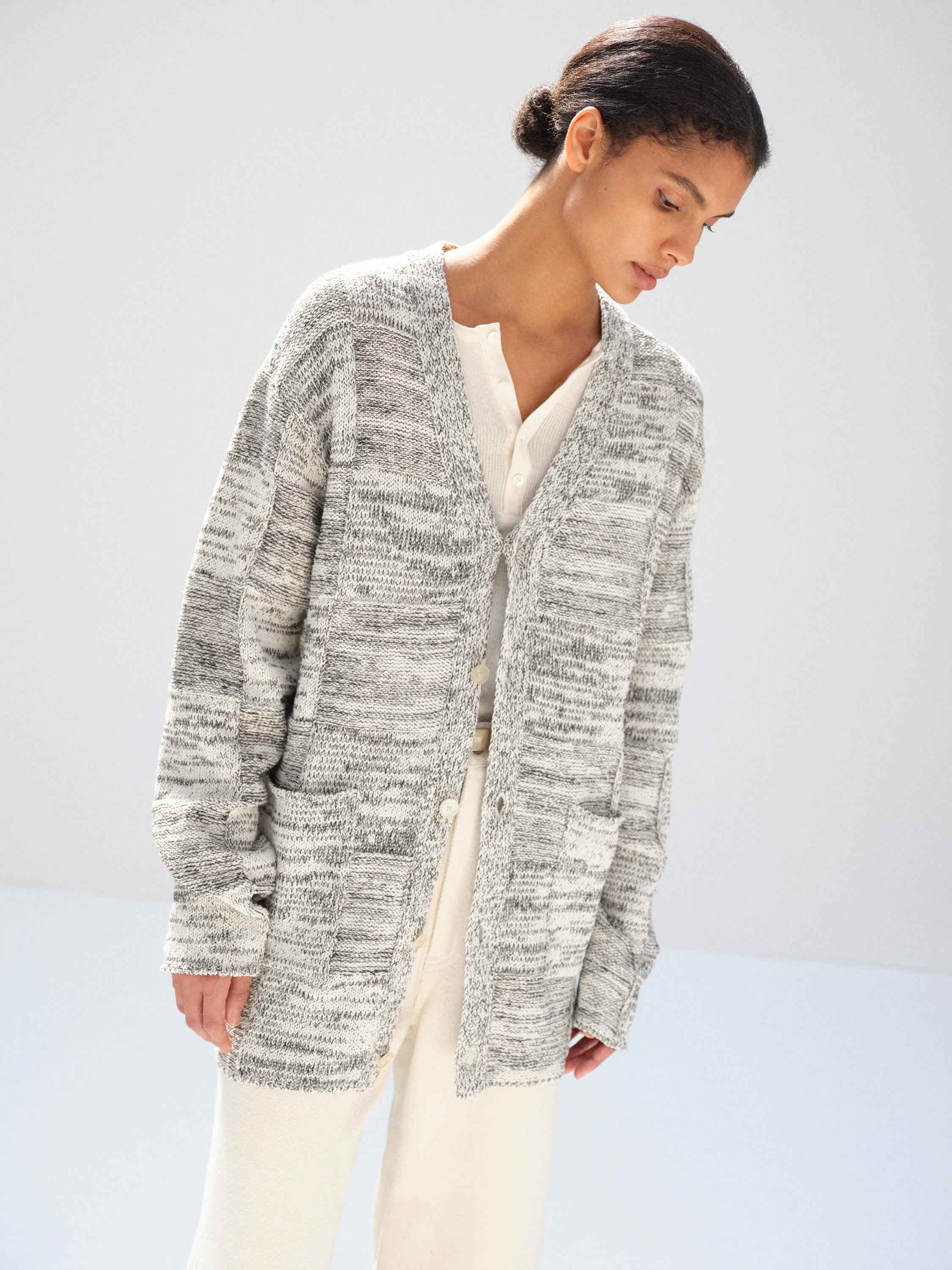 STRUCTURED COTTON LINEN PANEL KNIT CARDIGAN