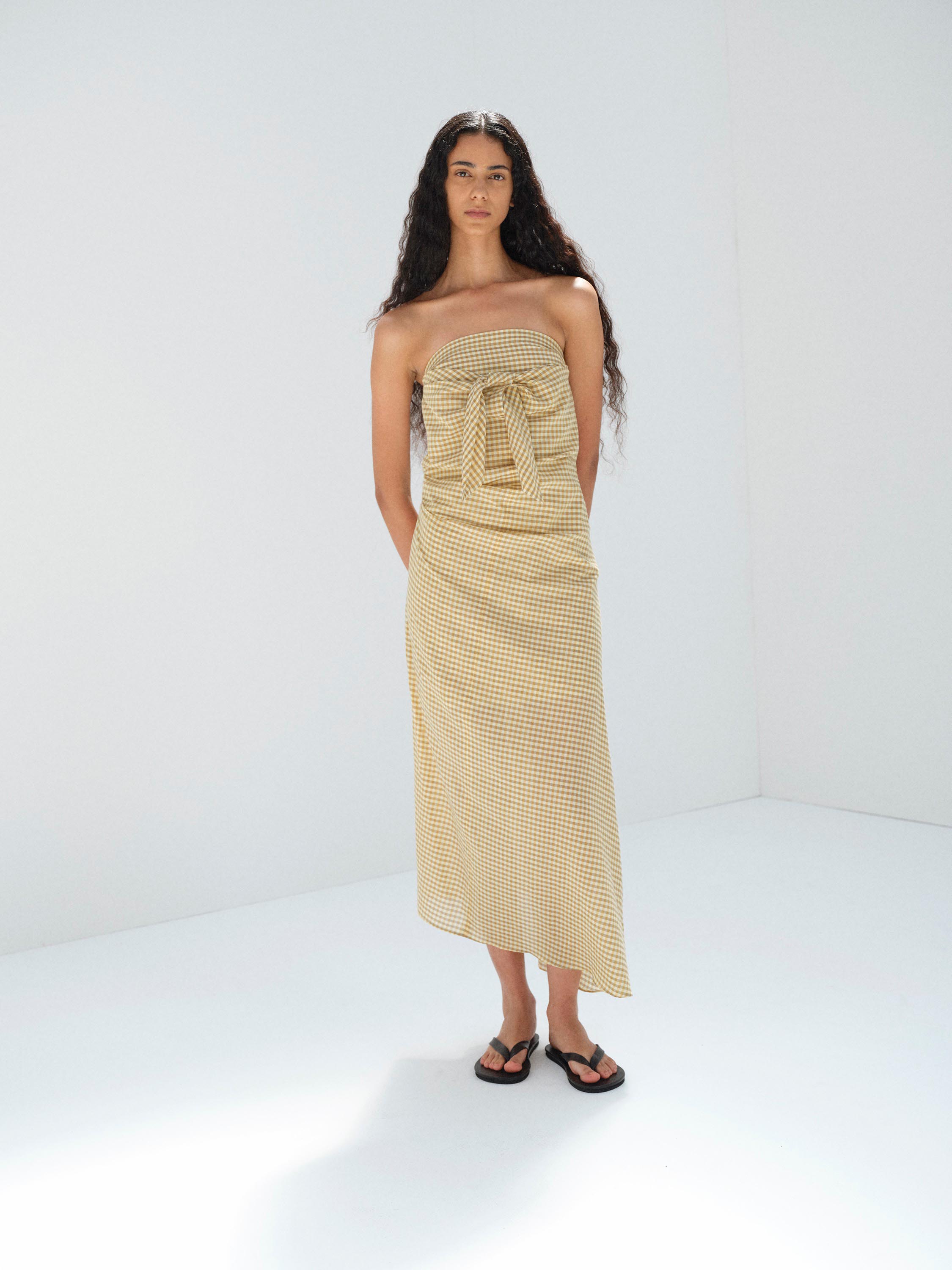 AIRY LIGHT COTTON CHECK STRAPLESS DRESS 詳細画像 MUSTARD GINGHAM CHECK 1