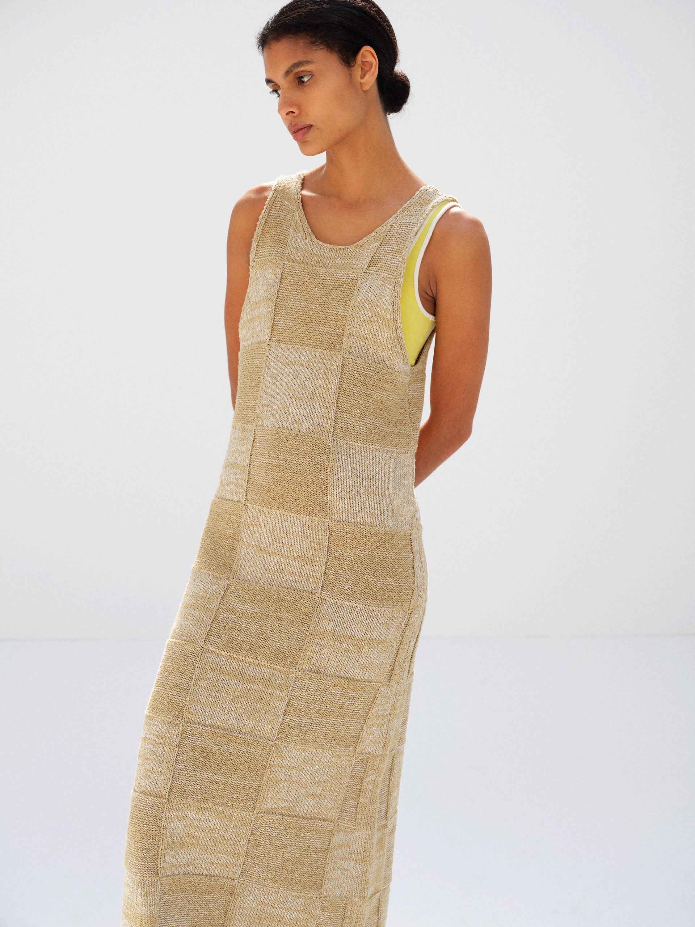 STRUCTURED COTTON LINEN PANEL KNIT MINI DRESS 詳細画像 BROWN &times; BEIGE 2