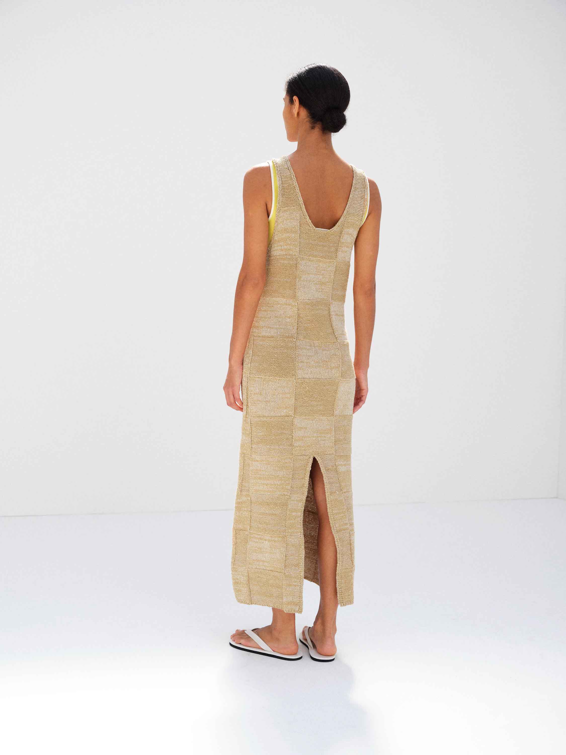 STRUCTURED COTTON LINEN PANEL KNIT MINI DRESS 詳細画像 BROWN &times; BEIGE 4