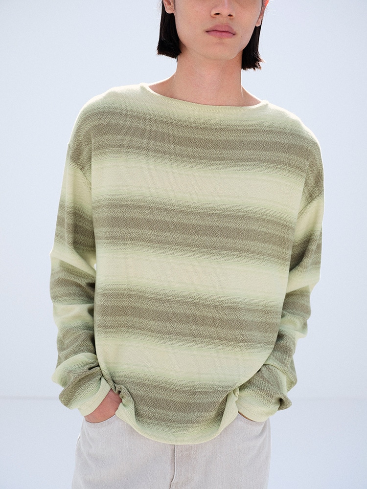 COTTON SILK GRADIENT STRIPE KNIT BOAT NECK P/O