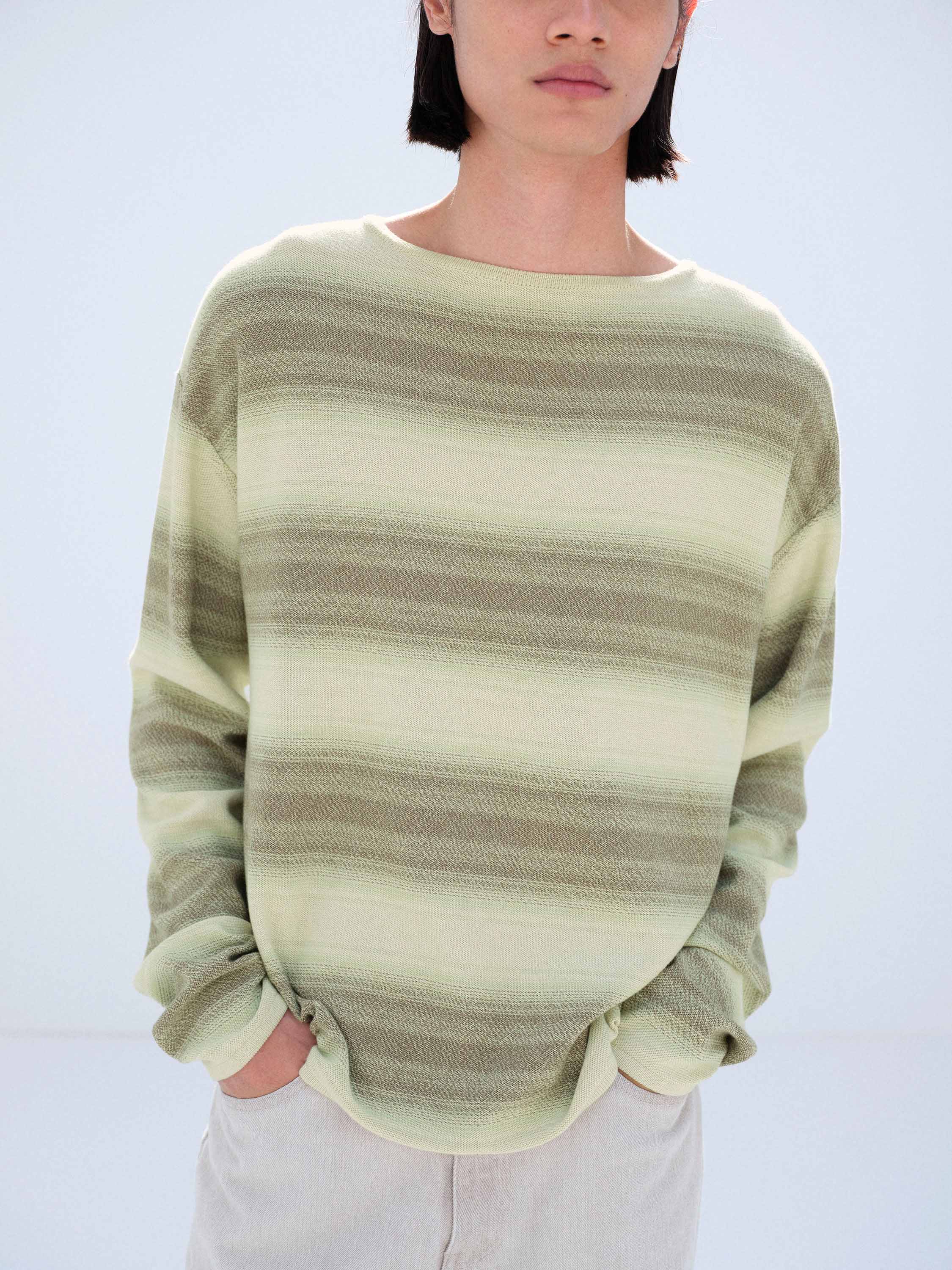 COTTON SILK GRADIENT STRIPE KNIT BOAT NECK P/O 詳細画像 LIME GRAY STRIPE 1