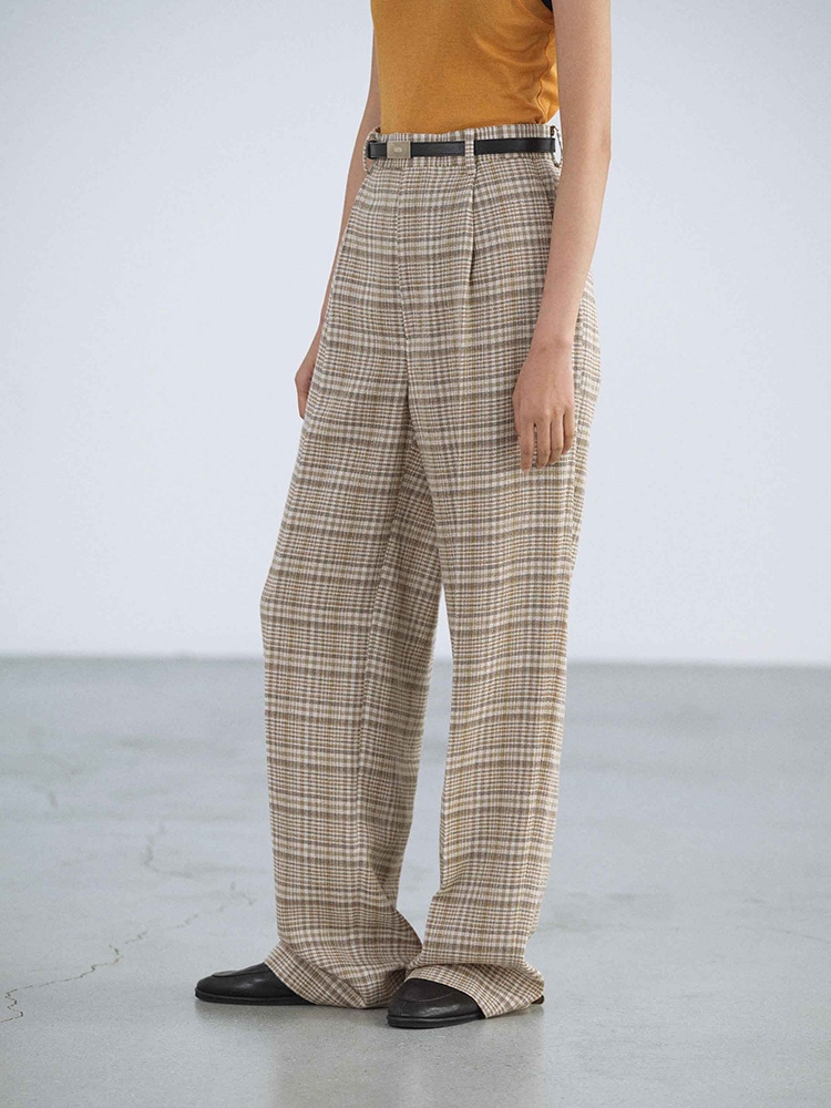 SILK LINEN NEP CHECK ONE-TUCK SLACKS