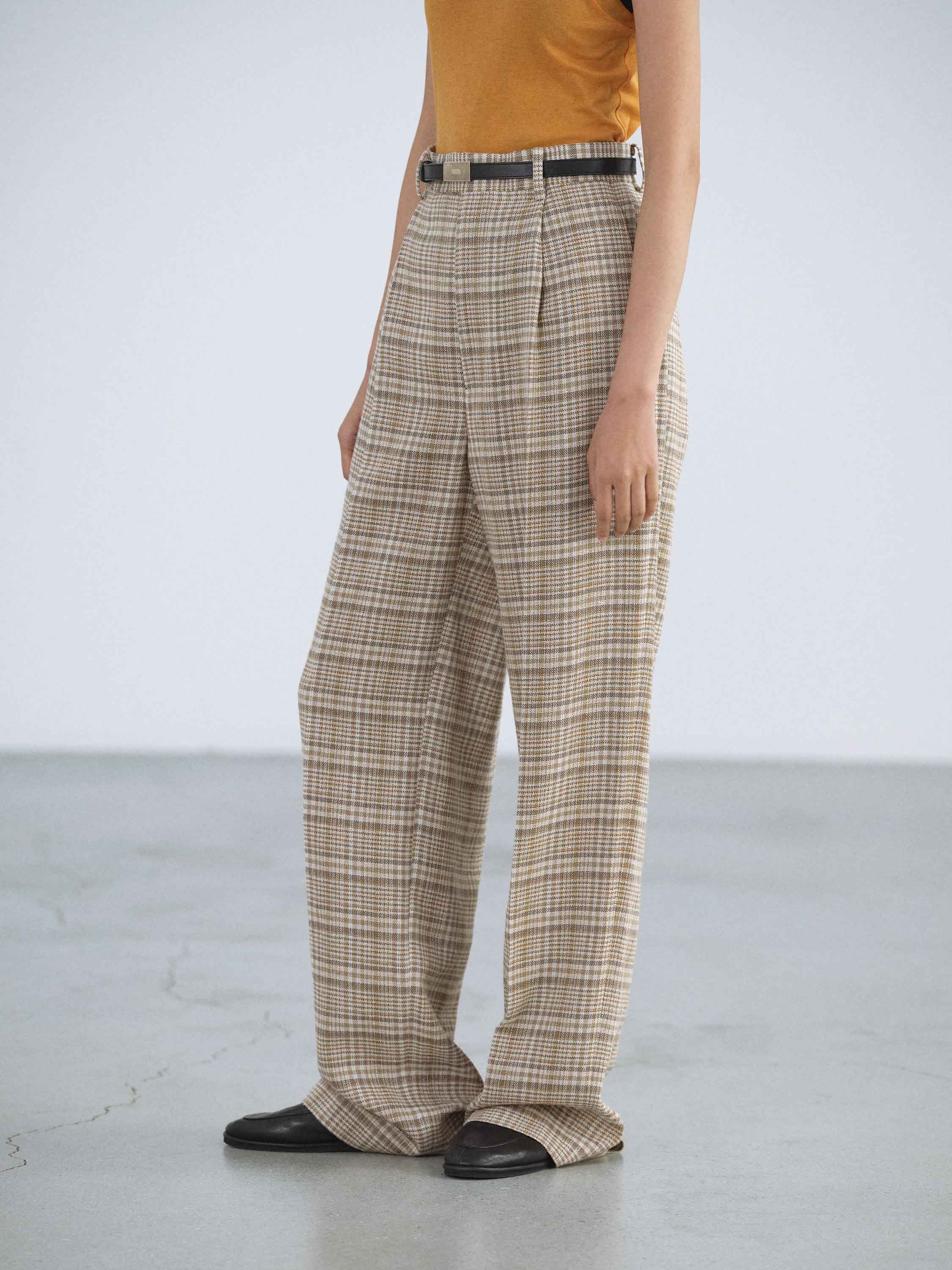 SILK LINEN NEP CHECK ONE-TUCK SLACKS