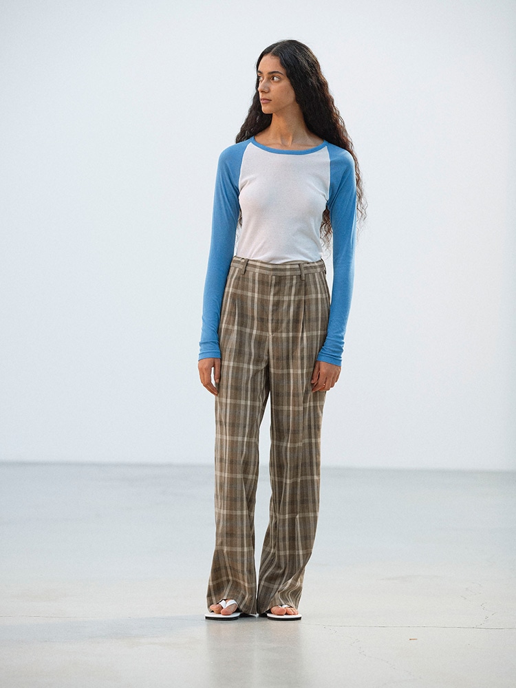 SUPER FINE TROPICAL WOOL CHECK TWO-TUCK SLACKS
