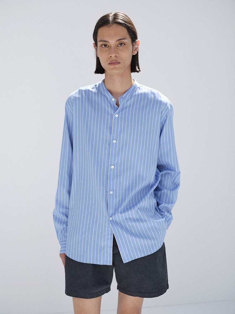 COTTON SILK STRIPE STAND COLLAR SHIRT - AURALEE Official Website
