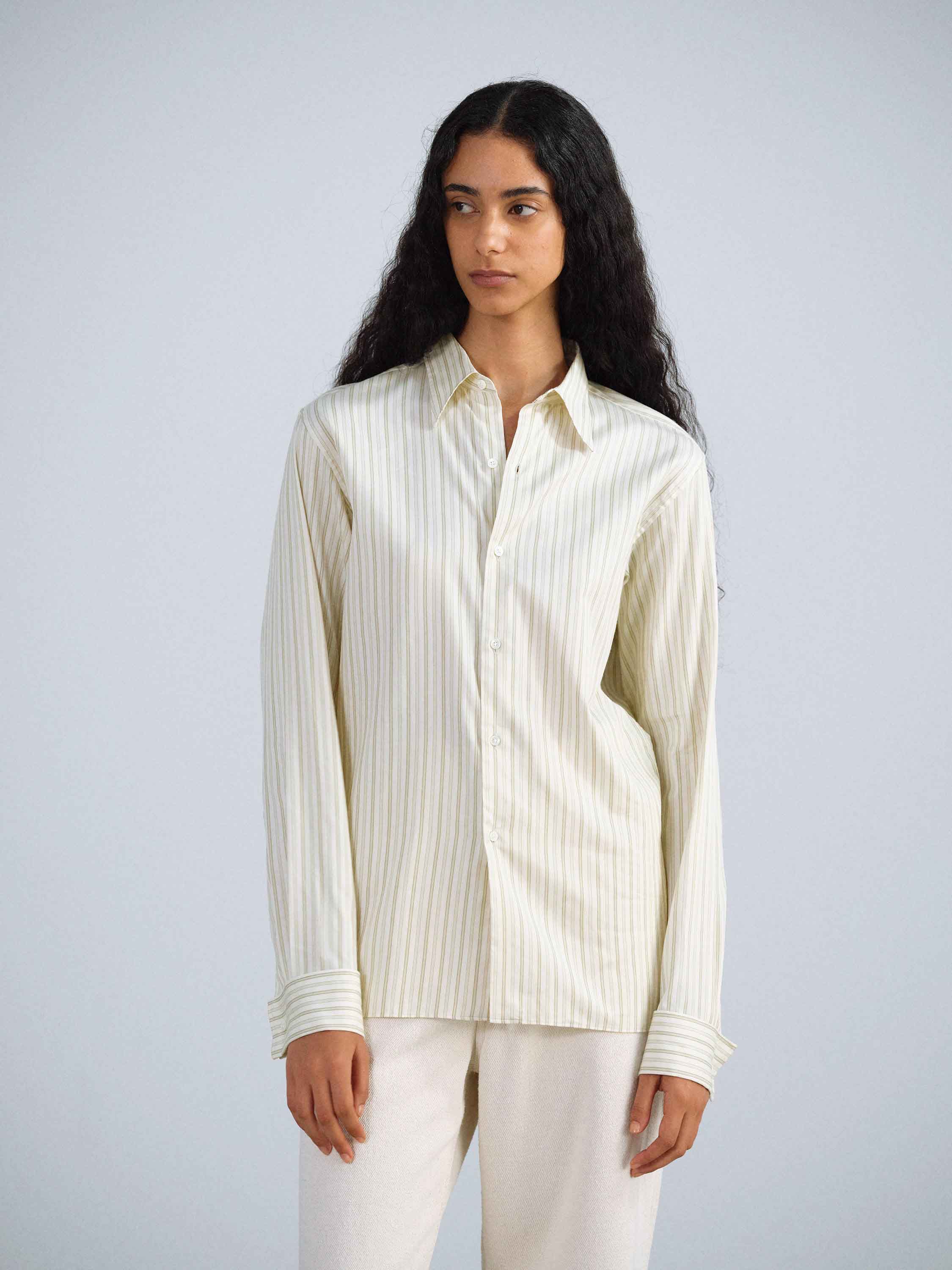 COTTON SILK STRIPE DOUBLE-CUFF SHIRT 詳細画像 IVORY STRIPE 1