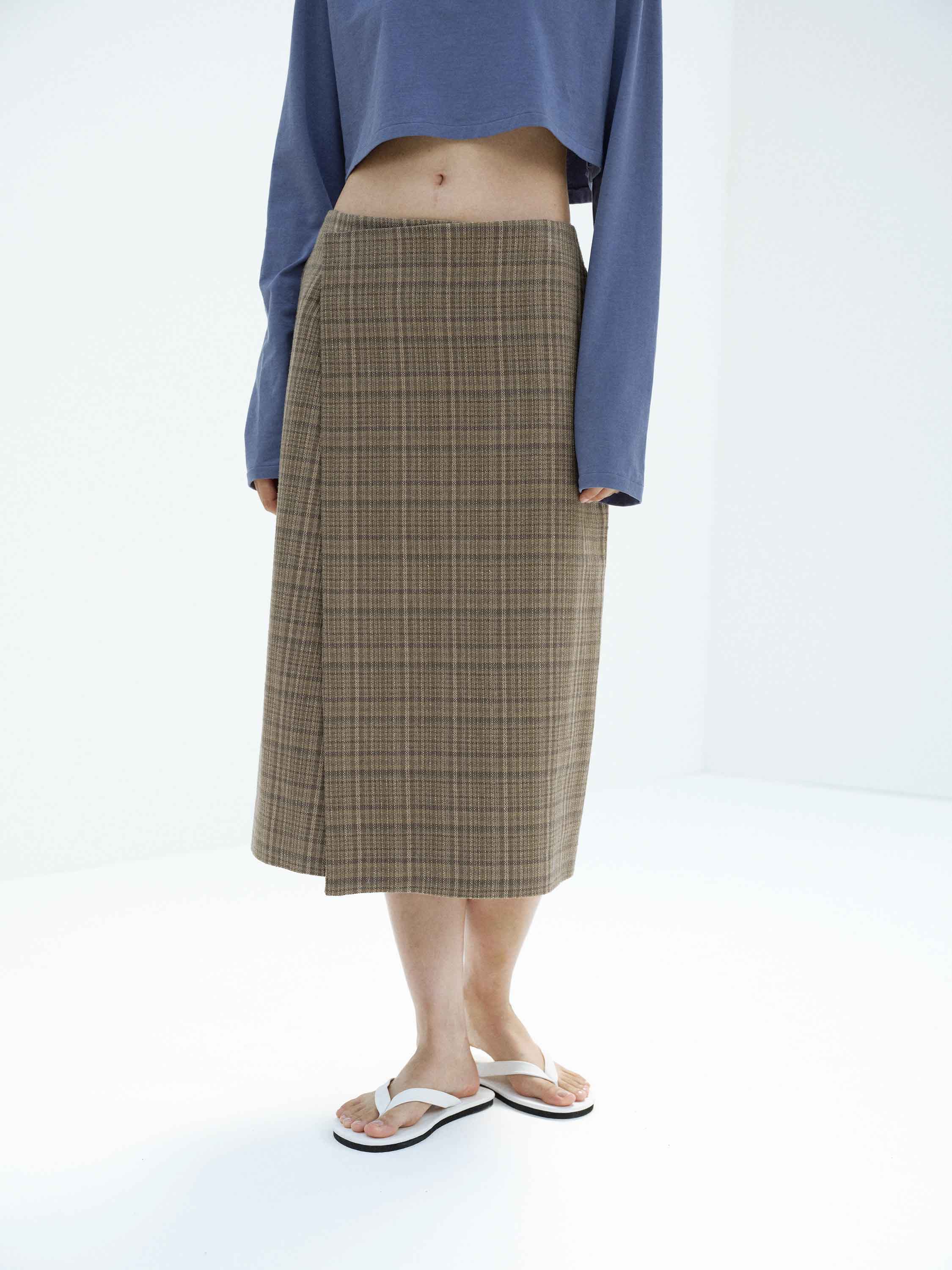 SILK LINEN NEP CHECK WRAP SKIRT 詳細画像 DARK BROWN CHECK 2