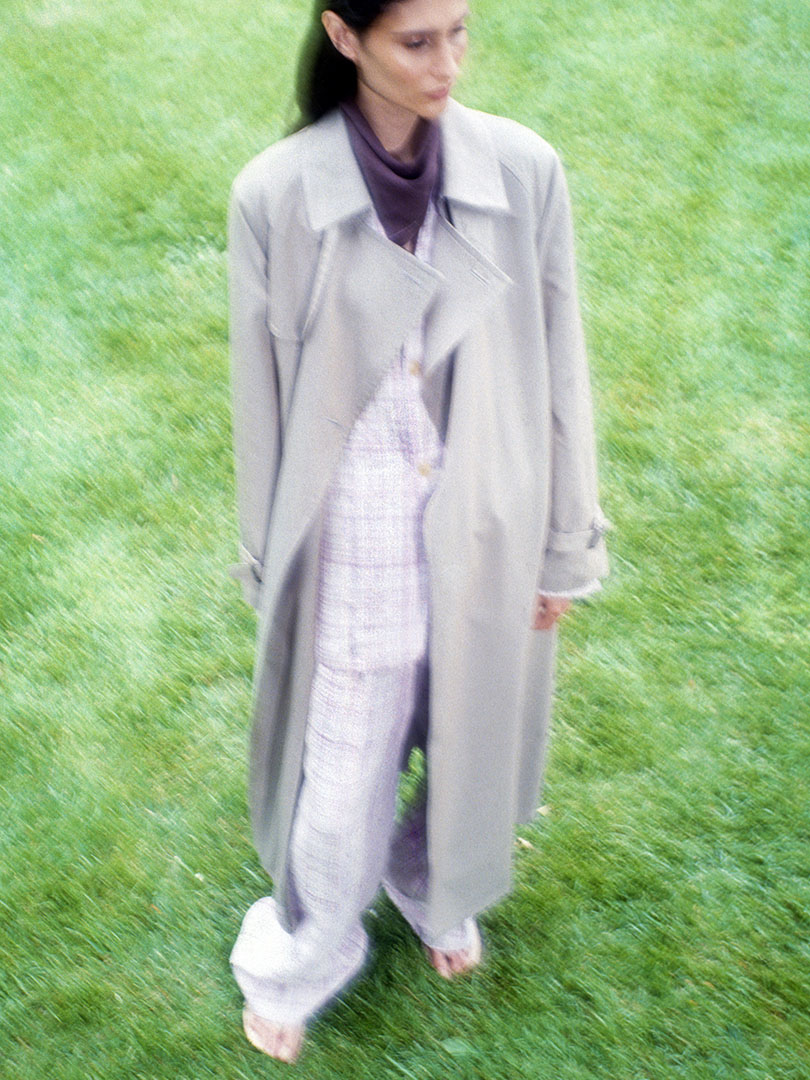 Renda wears Washed Finx Silk Chambray Trench Coat in Gray Chambray, Linen Silk Check No Collar Jacket in White Purple Check, Linen Silk Check Pants in White Purple Check