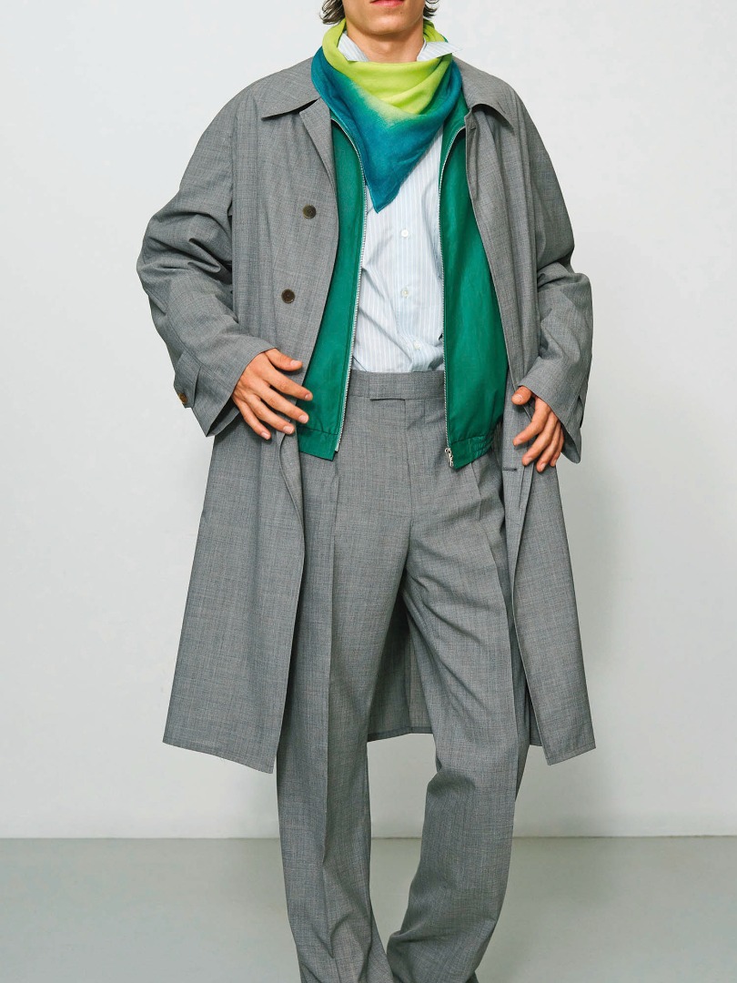 Mazir wears Super Fine Tropical Wool Soutien Collar Coat in Top Gray, Super Fine Tropical Wool Slacks in Top Gray